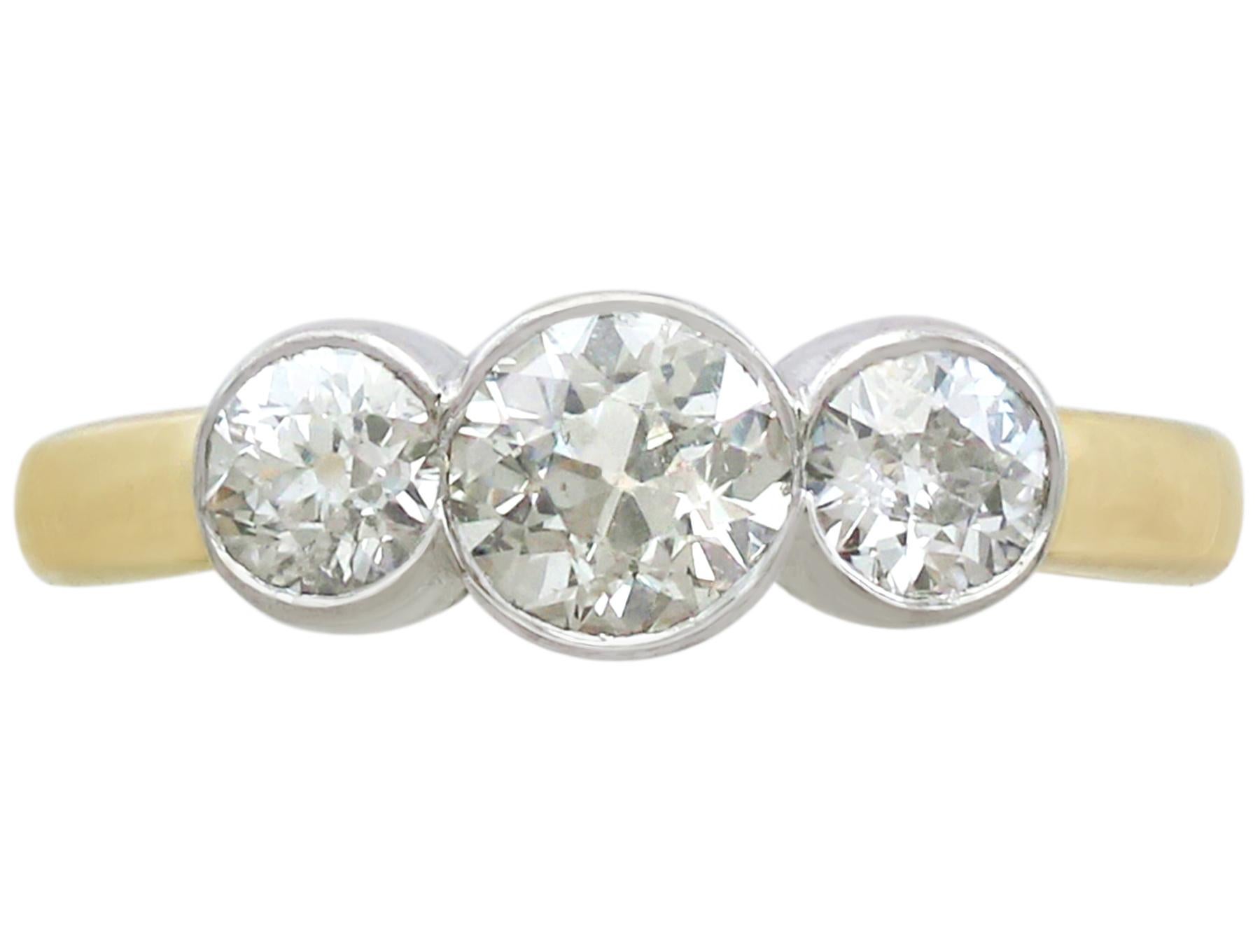 Old European Cut Antique and Contemporary 1.69 Carat Diamond and Yellow Gold Trilogy Ring