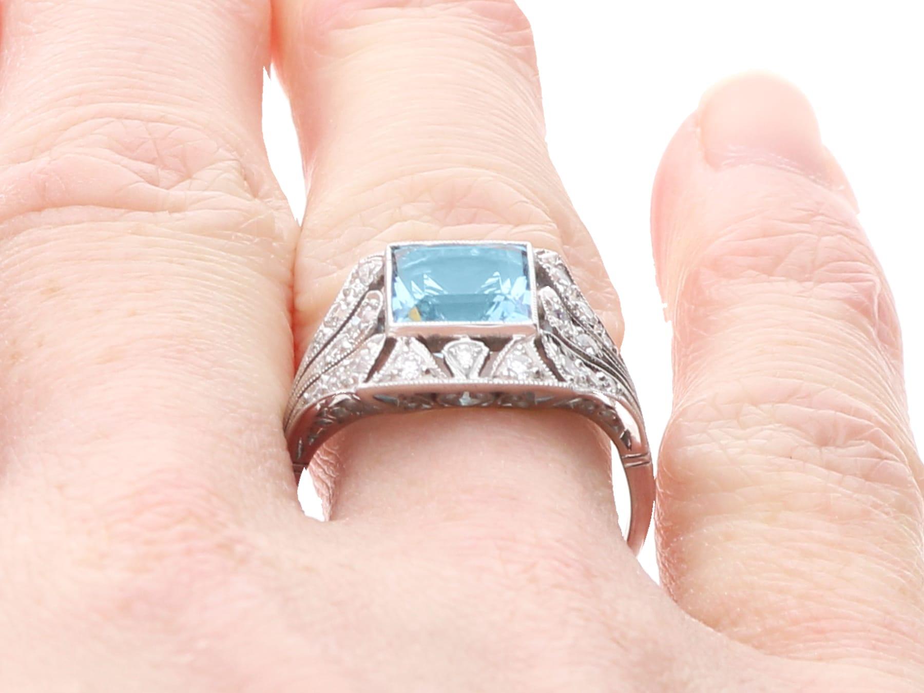 Antique and Contemporary 1.81 Carat Aquamarine 0.50 Carat Diamond Platinum Ring For Sale 6