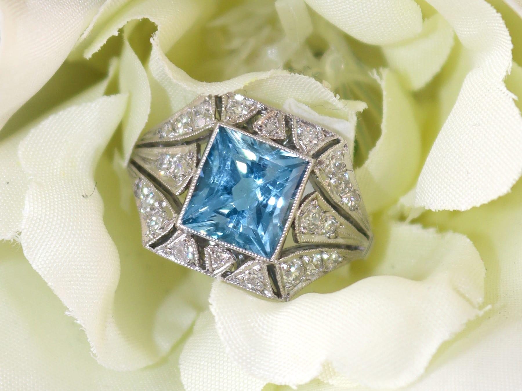 Square Cut Antique and Contemporary 1.81 Carat Aquamarine 0.50 Carat Diamond Platinum Ring For Sale