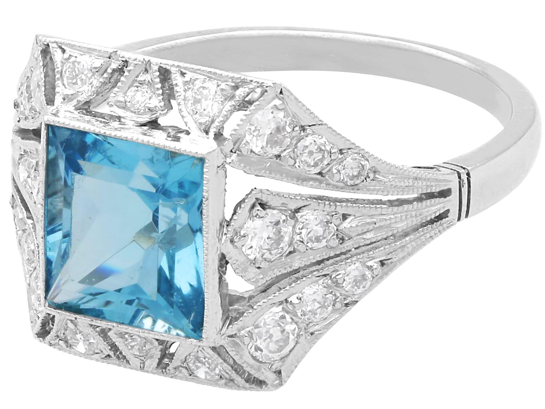 Women's or Men's Antique and Contemporary 1.81 Carat Aquamarine 0.50 Carat Diamond Platinum Ring For Sale