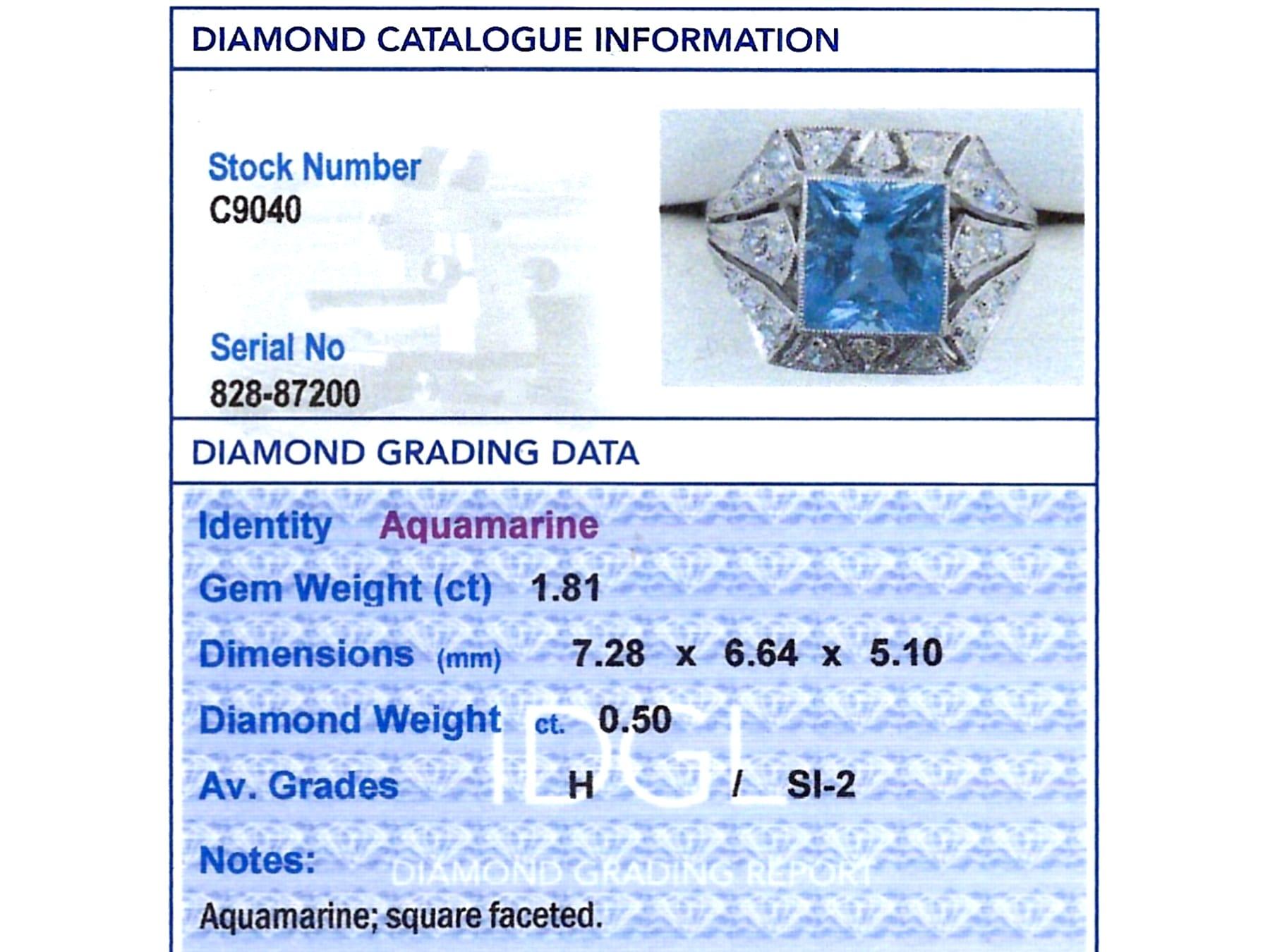 Antique and Contemporary 1.81 Carat Aquamarine 0.50 Carat Diamond Platinum Ring For Sale 3