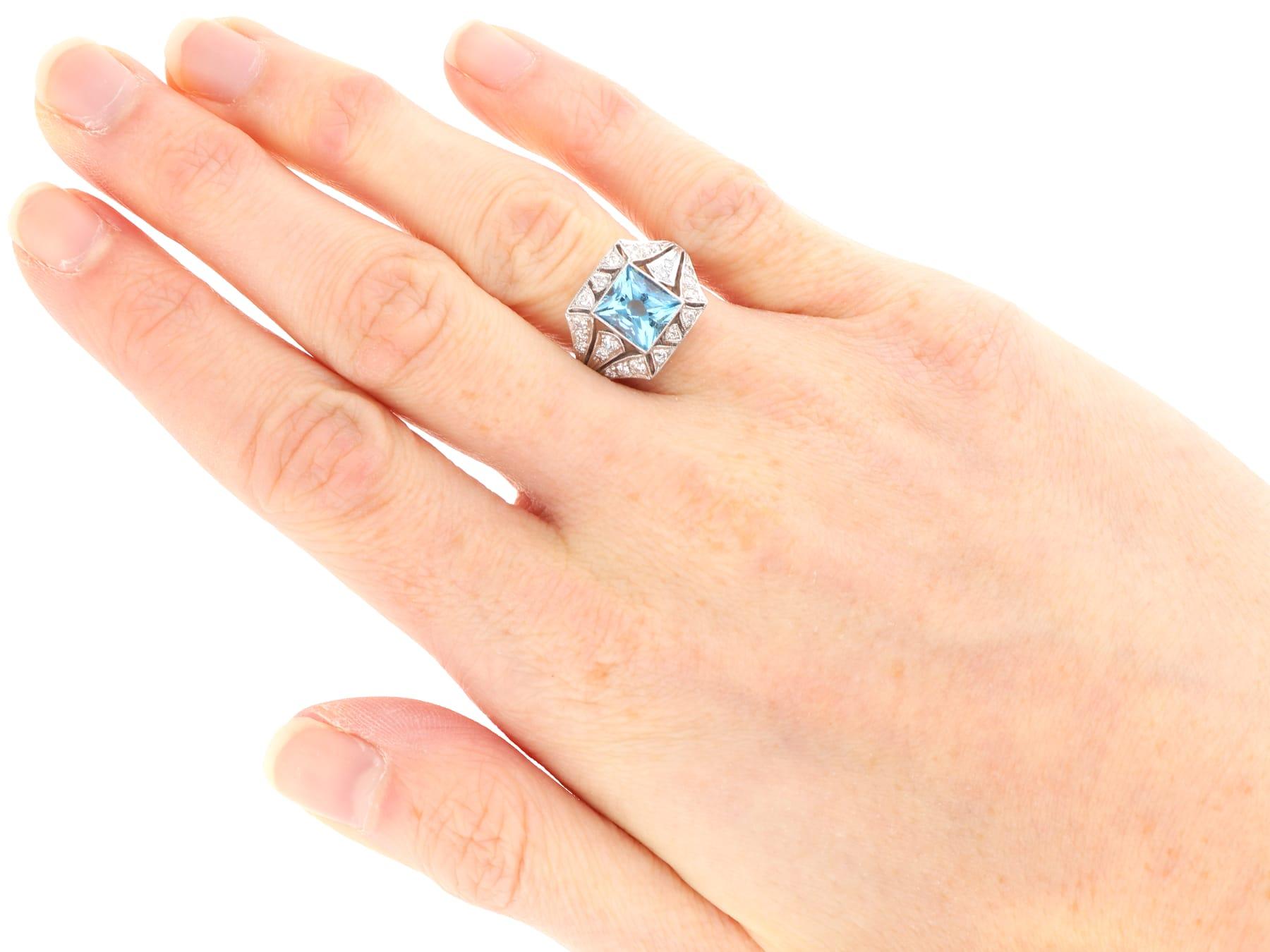 Antique and Contemporary 1.81 Carat Aquamarine 0.50 Carat Diamond Platinum Ring For Sale 4