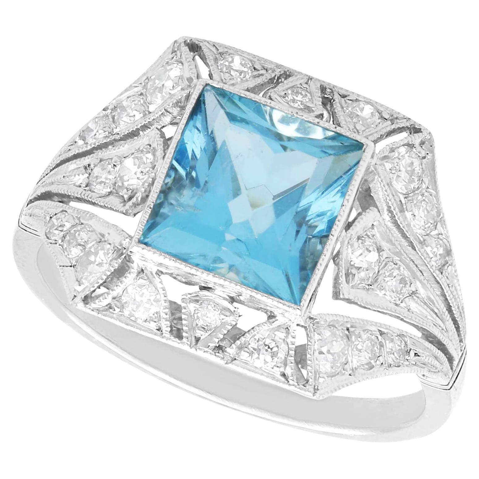 Antique and Contemporary 1.81 Carat Aquamarine 0.50 Carat Diamond Platinum Ring For Sale