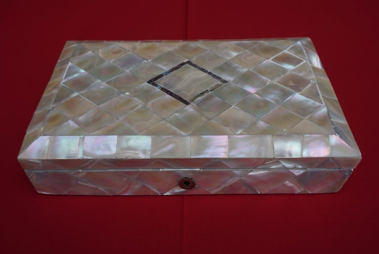 Antique and Extra Large Mother of Pearl Jewelry Box with Silver Lock
