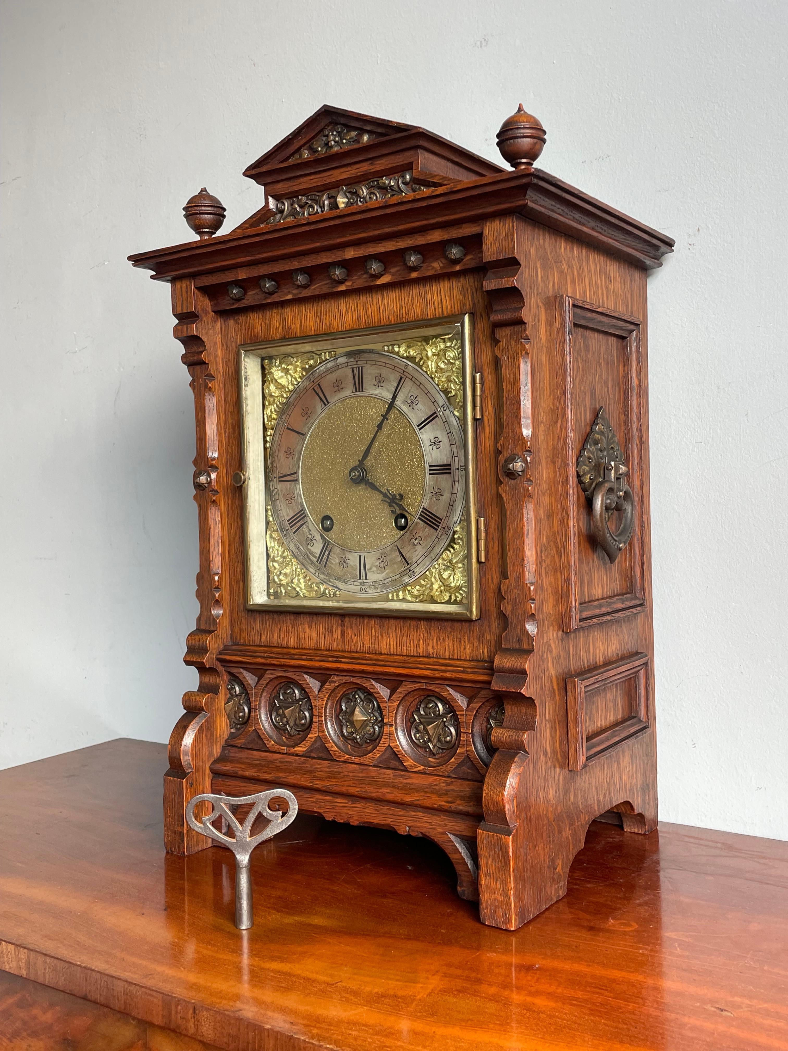 Antique and Good Size Gothic Revival Oak & Bronze 1893 Table Clock by Lenzkirch 5