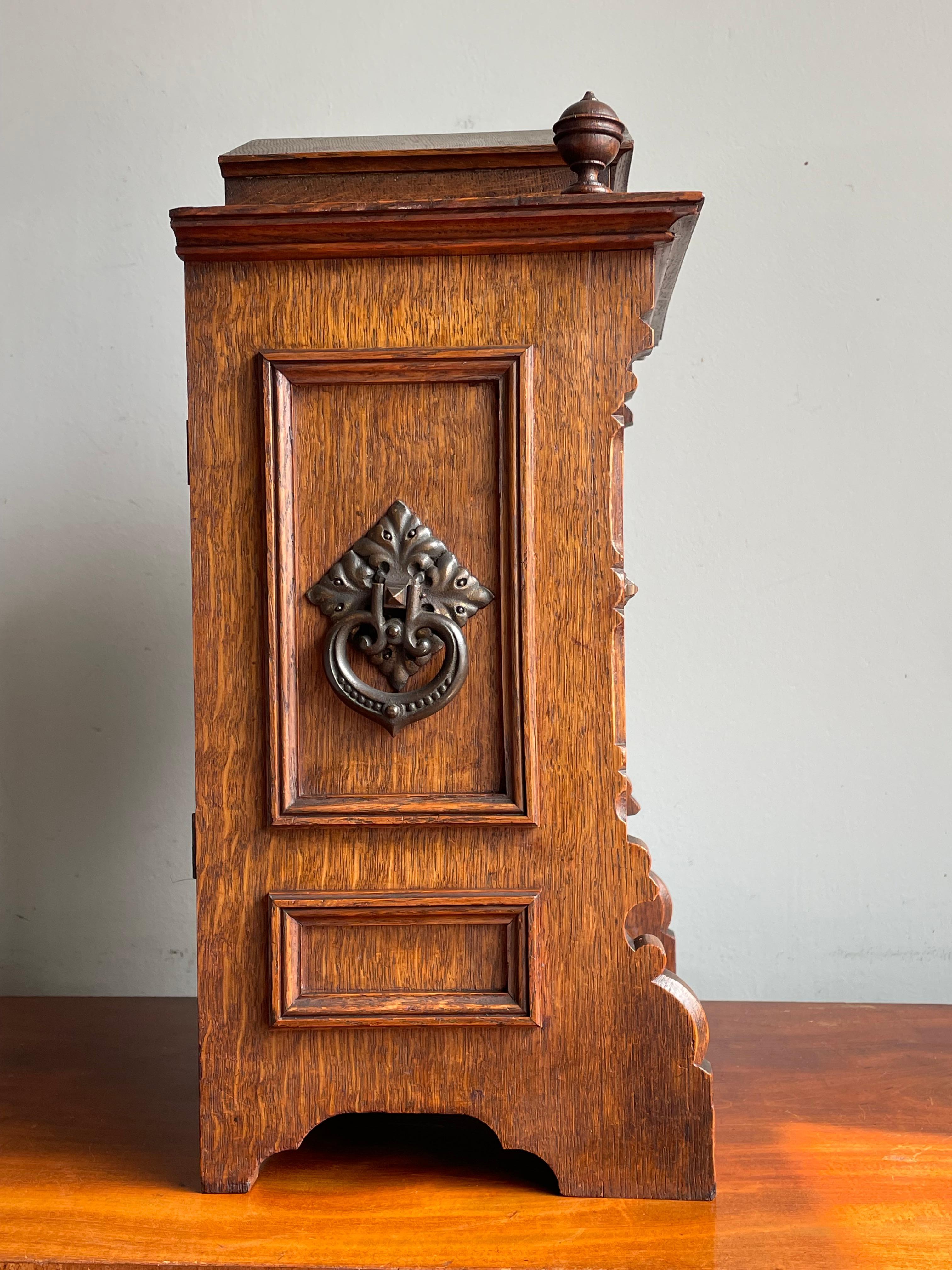 Antique and Good Size Gothic Revival Oak & Bronze 1893 Table Clock by Lenzkirch 6
