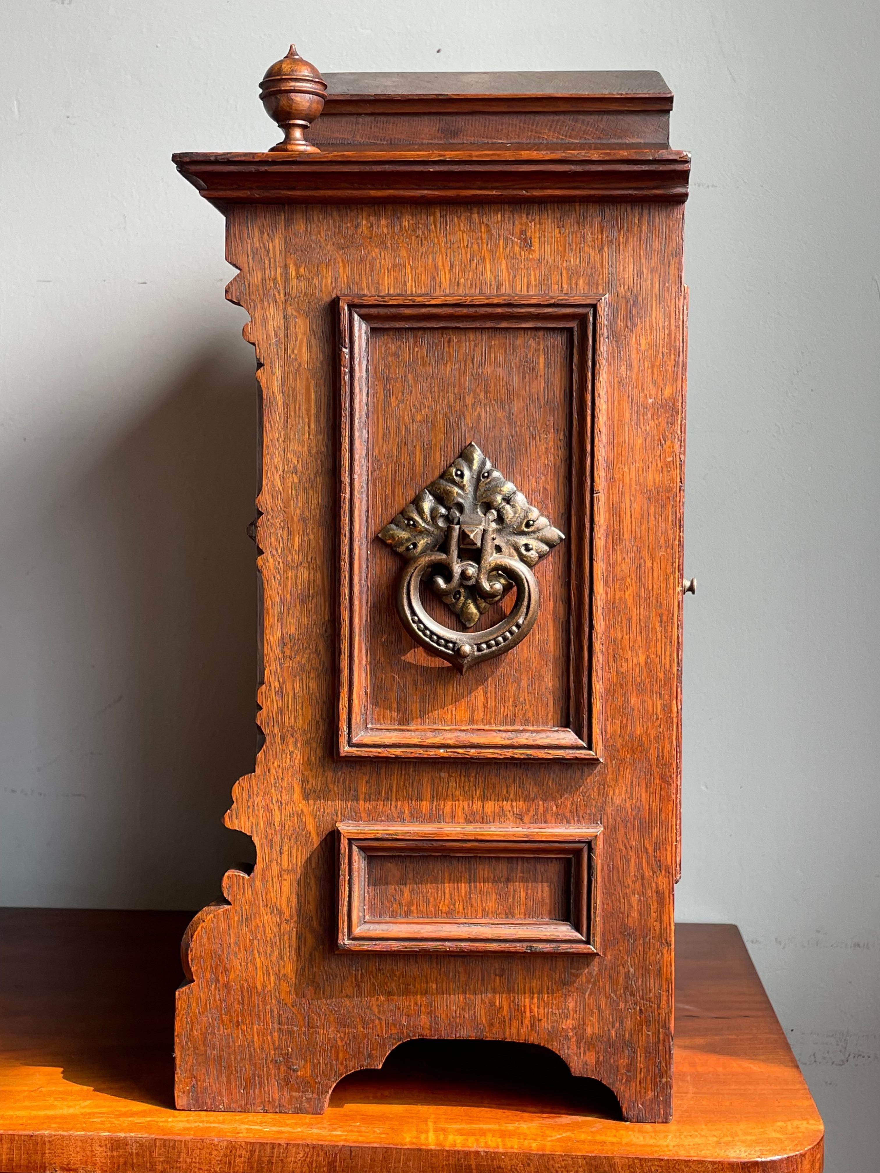 Antique and Good Size Gothic Revival Oak & Bronze 1893 Table Clock by Lenzkirch 7