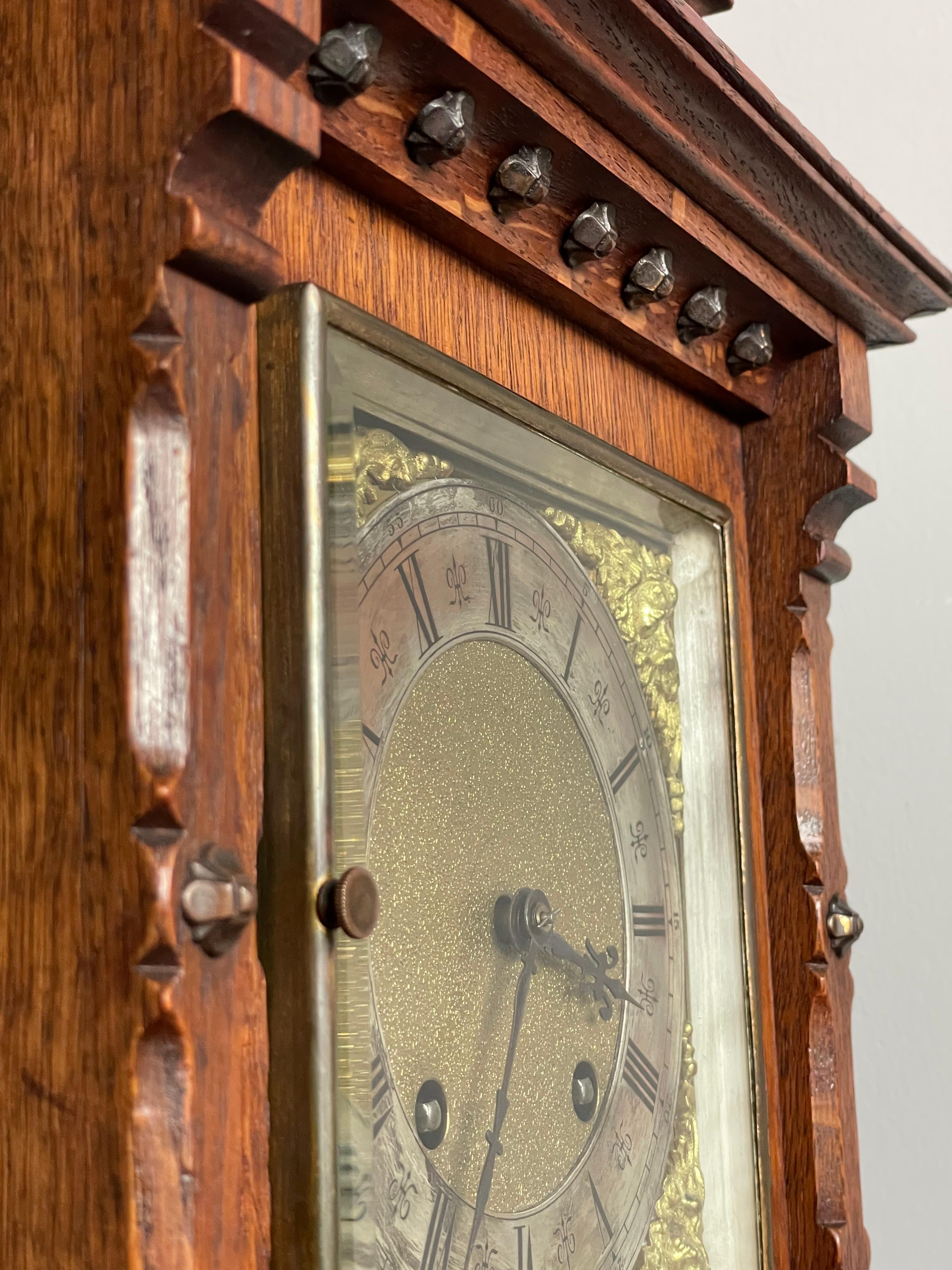 Antique and Good Size Gothic Revival Oak & Bronze 1893 Table Clock by Lenzkirch 11