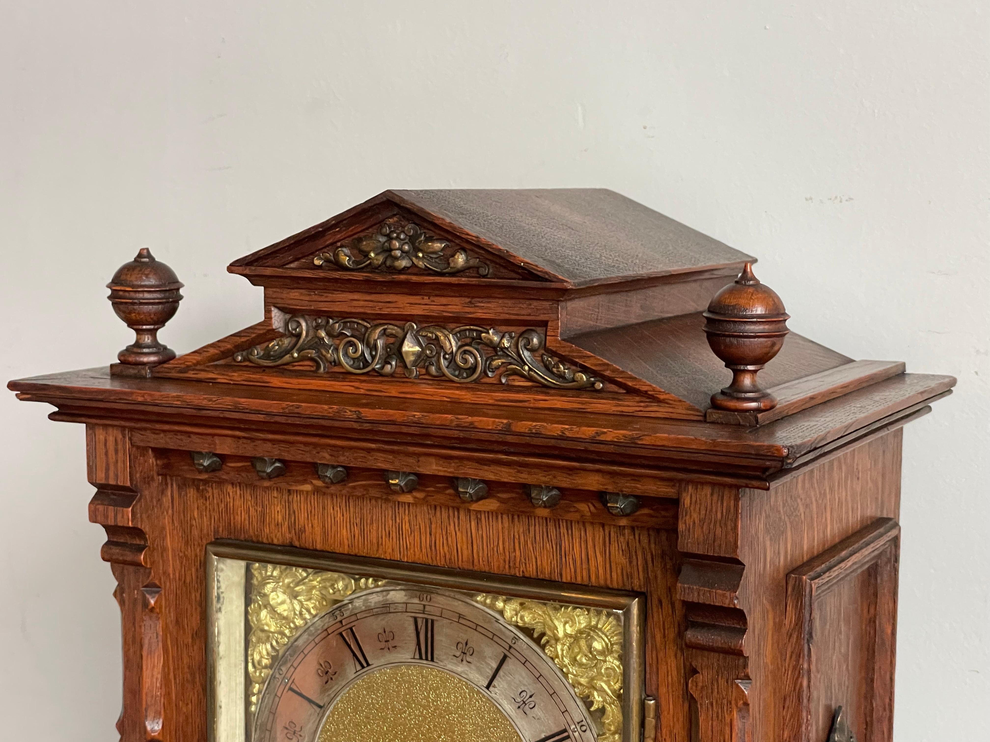 Antique and Good Size Gothic Revival Oak & Bronze 1893 Table Clock by Lenzkirch 12