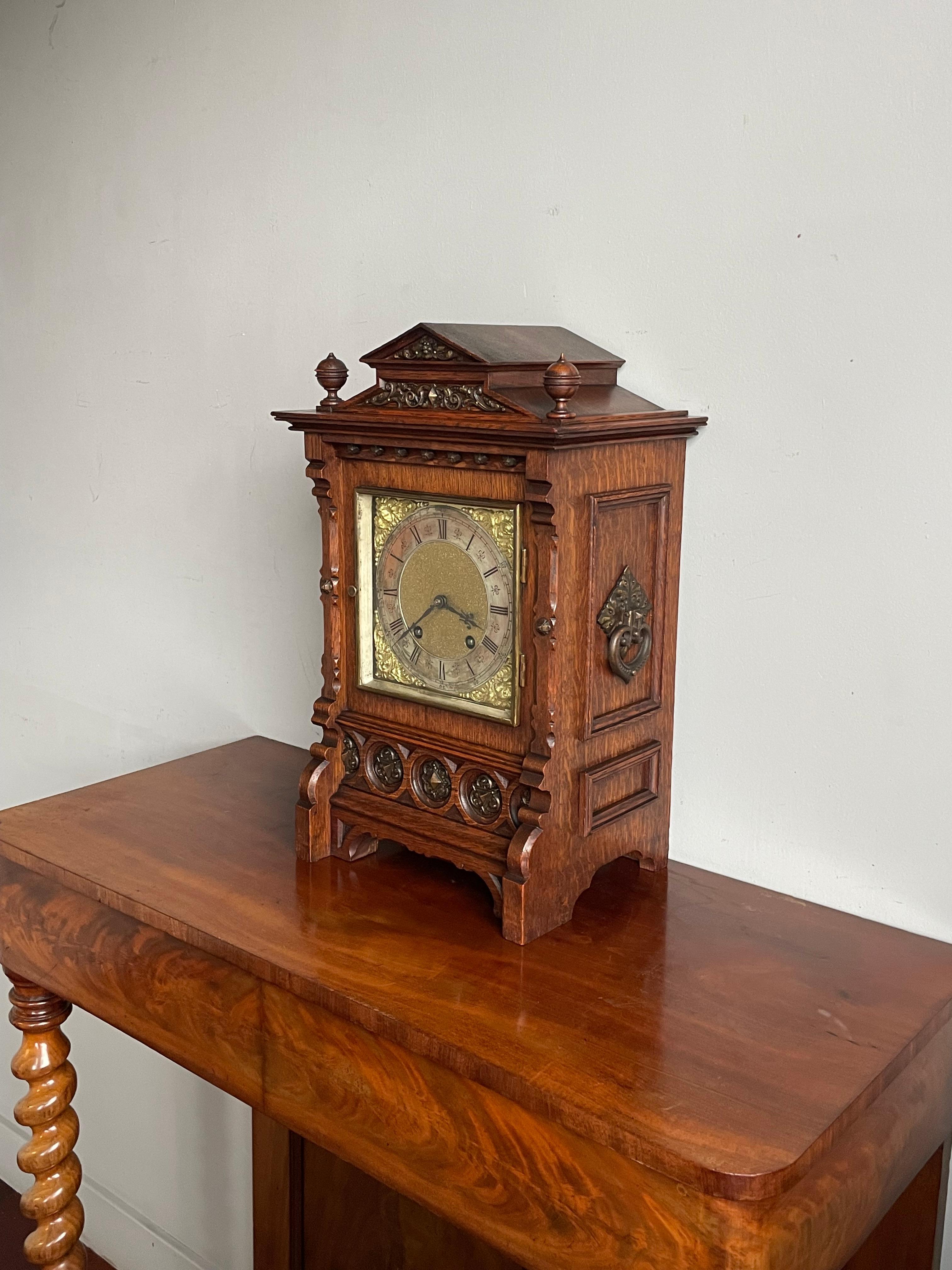Antique and Good Size Gothic Revival Oak & Bronze 1893 Table Clock by Lenzkirch 13
