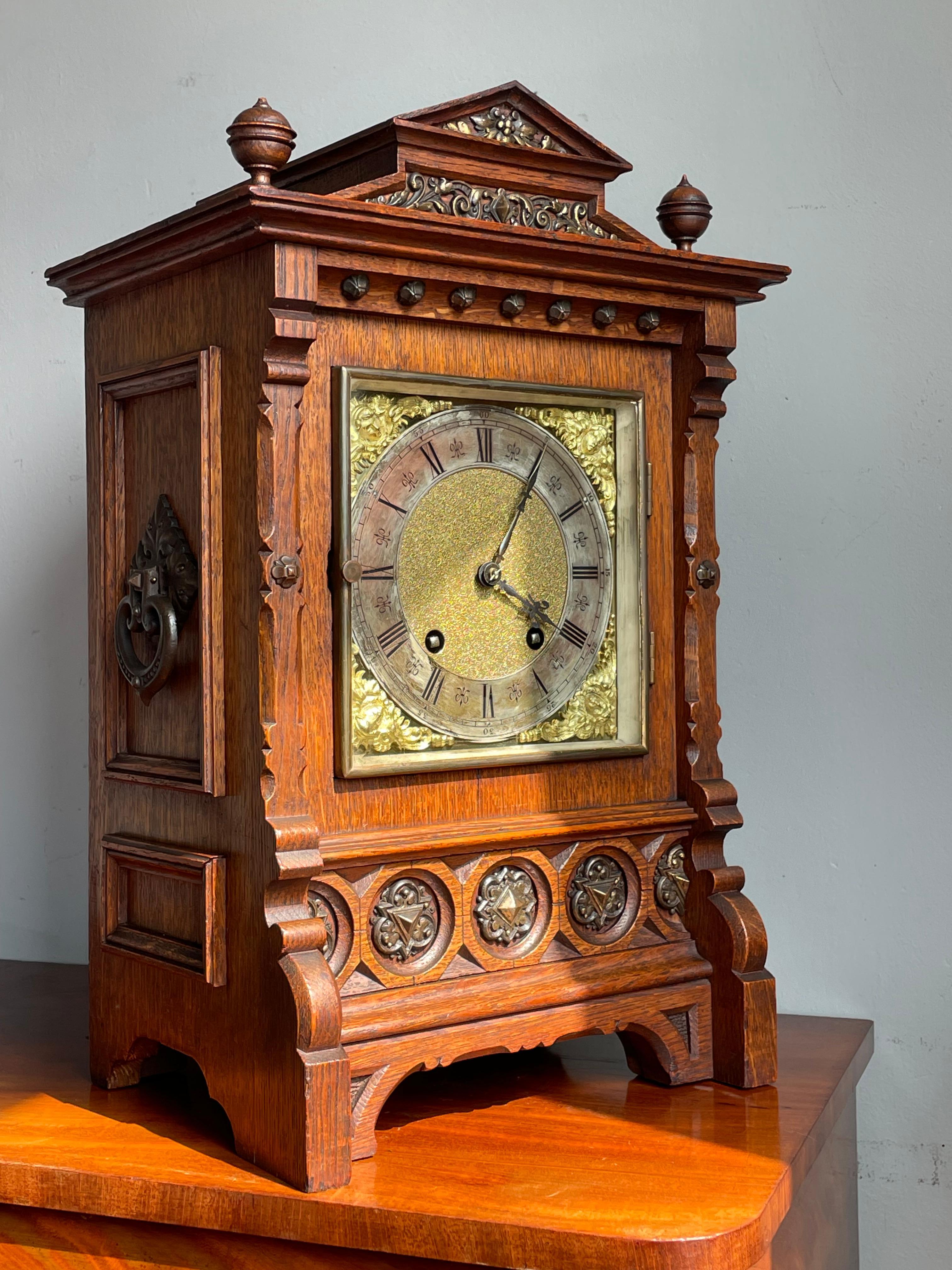 Antique and Good Size Gothic Revival Oak & Bronze 1893 Table Clock by Lenzkirch 14