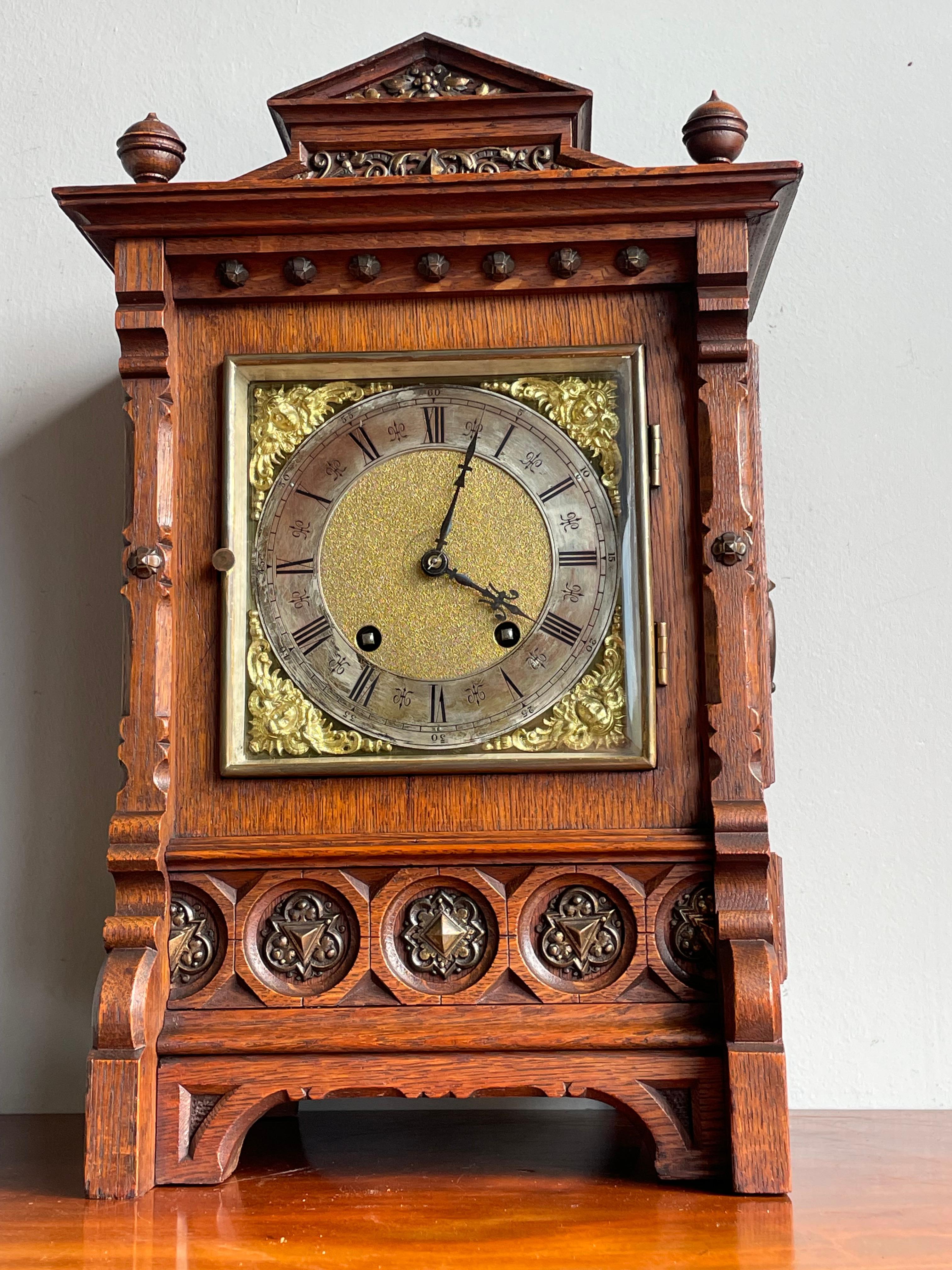 German Antique and Good Size Gothic Revival Oak & Bronze 1893 Table Clock by Lenzkirch