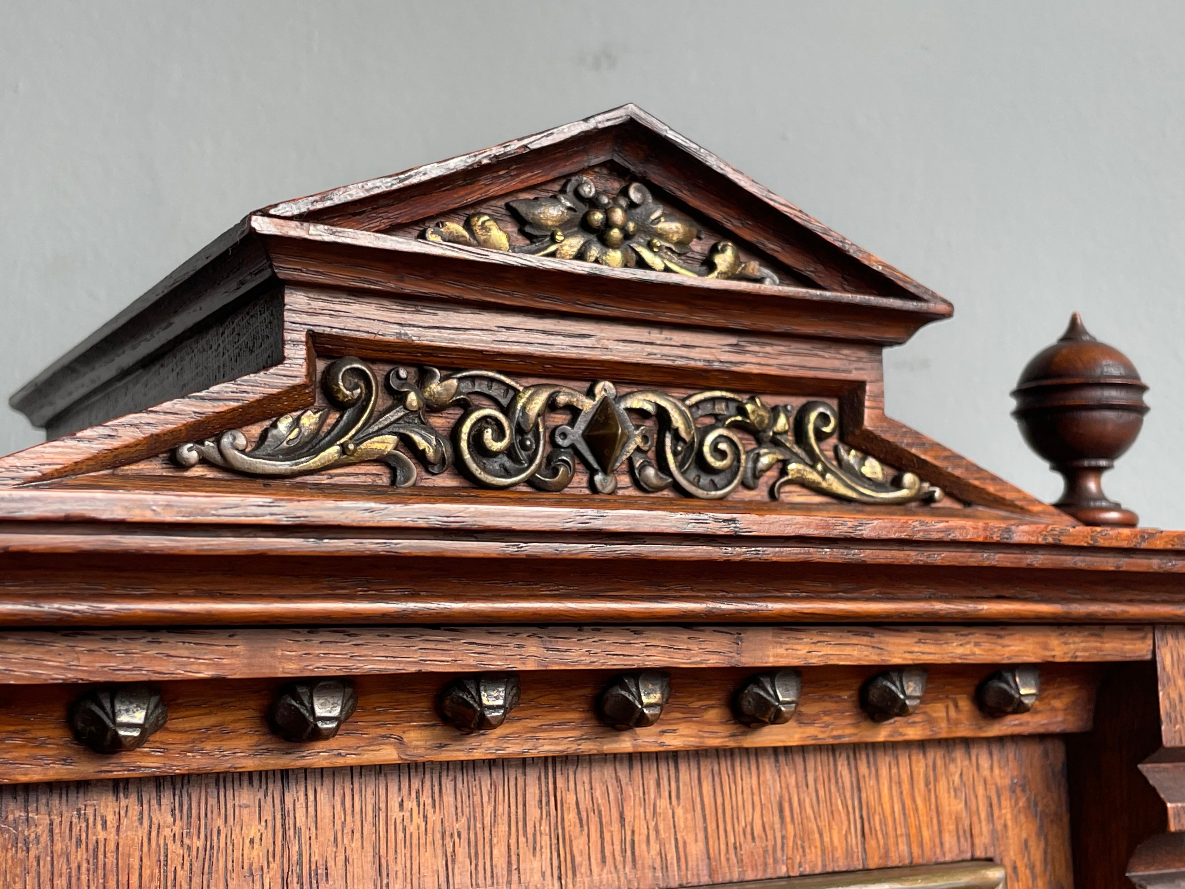 Hand-Carved Antique and Good Size Gothic Revival Oak & Bronze 1893 Table Clock by Lenzkirch