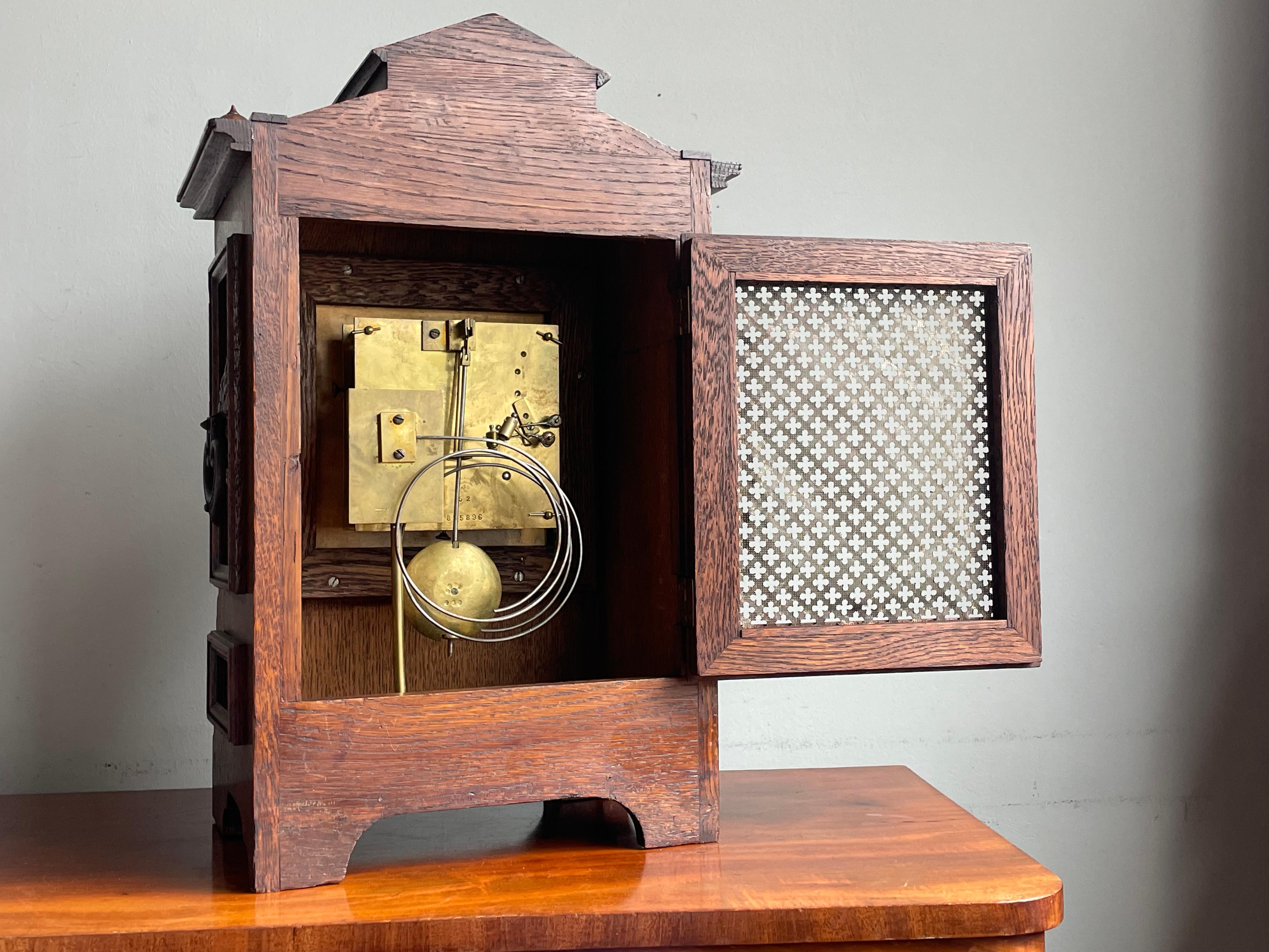 Antique and Good Size Gothic Revival Oak & Bronze 1893 Table Clock by Lenzkirch 1