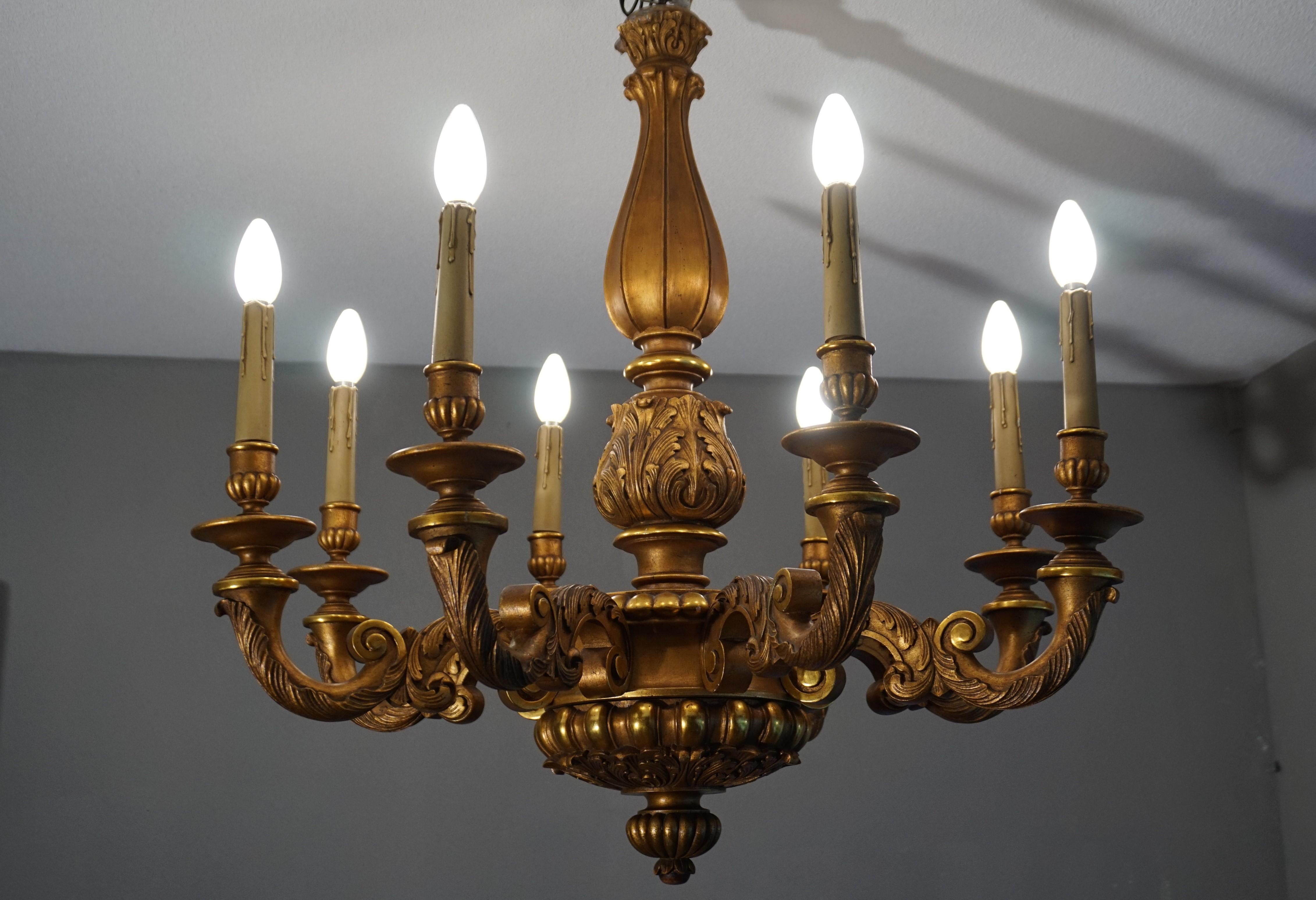 Great quality and excellent condition, golden light fixture.

All handcrafted in early 20th century Europe this chandelier was created with skills that are almost impossible to find in this day and age. The classical and timeless design, the quality