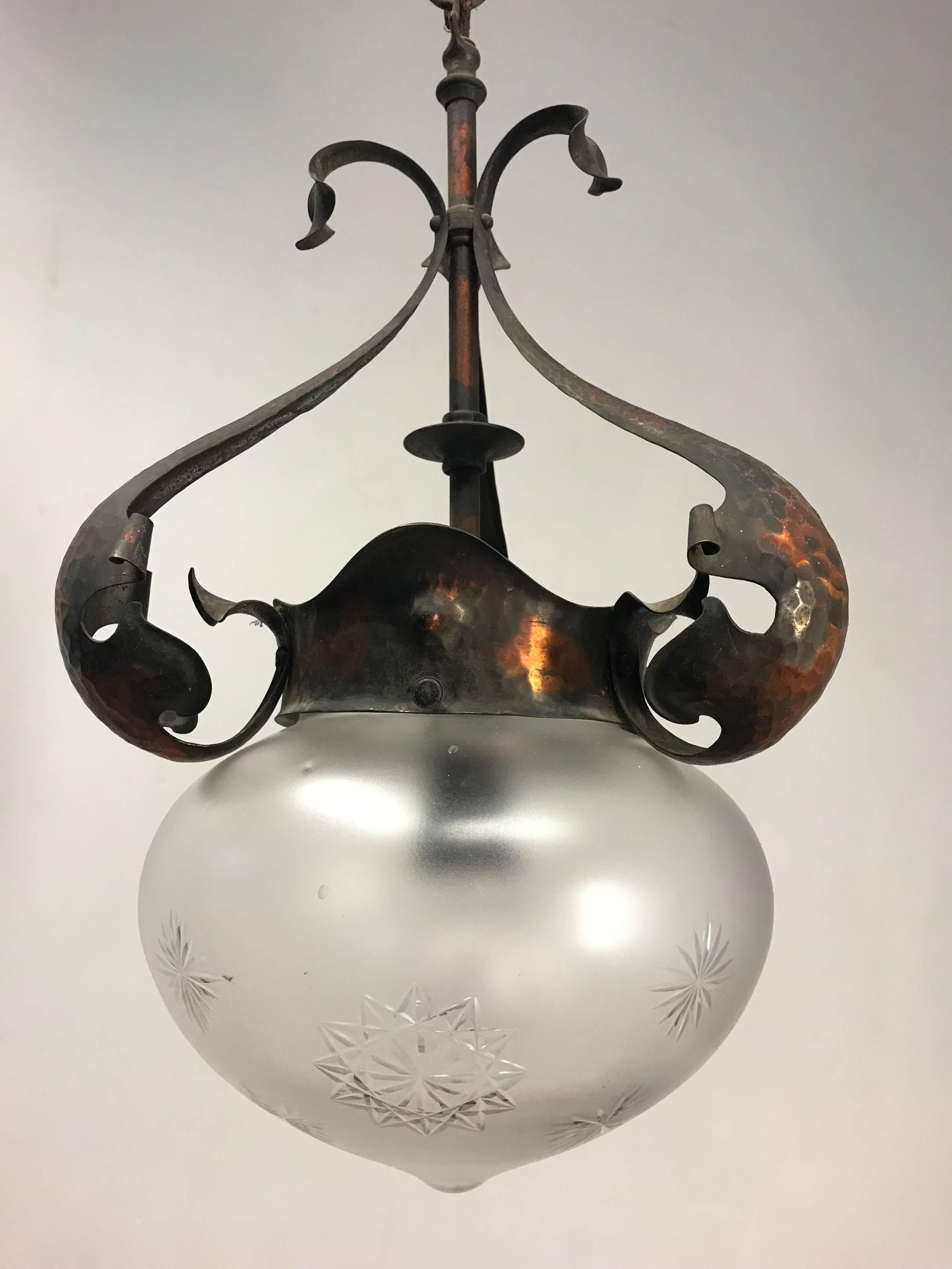 Arts and Crafts Antique and Great Design, Arts & Crafts Hammered Copper and Glass Pendant Light