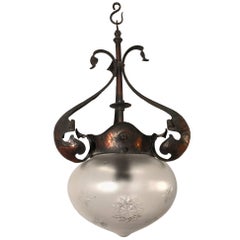 Antique and Great Design, Arts & Crafts Hammered Copper and Glass Pendant Light