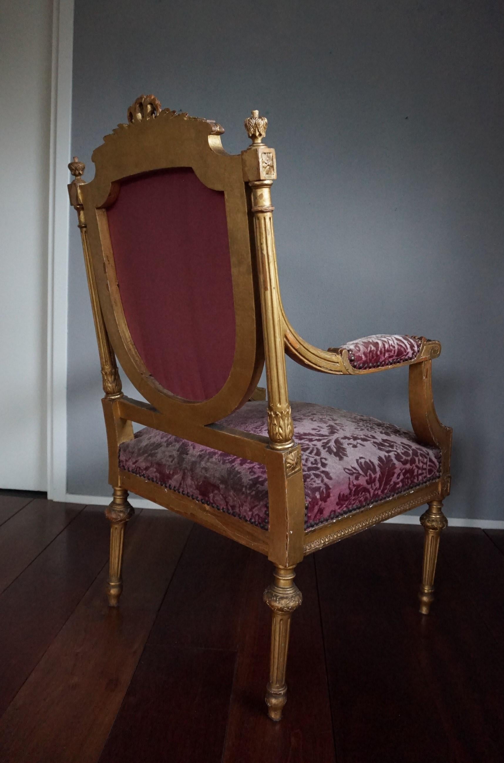Antique and Hand-Carved 19th Century Chair of Gilt and Solid Nutwood   1