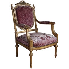 Antique and Hand-Carved 19th Century Chair of Gilt and Solid Nutwood  