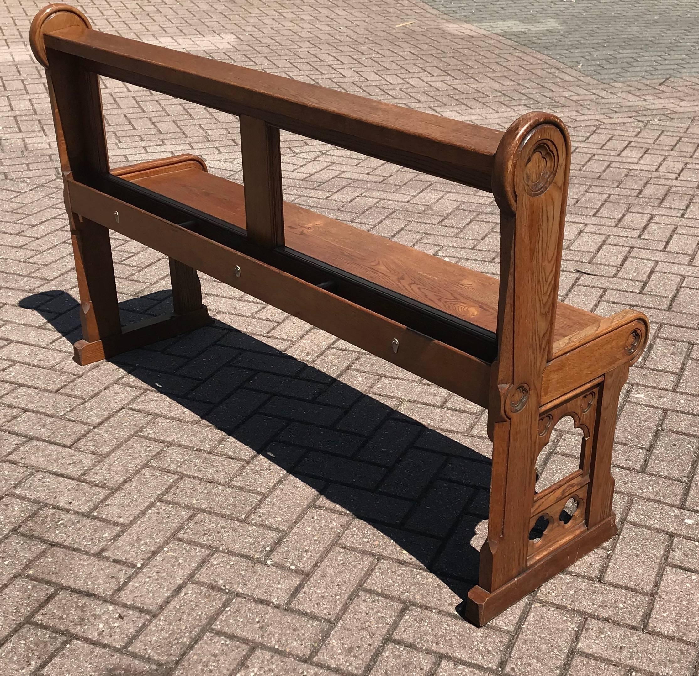 19th Century Antique and Handcrafted Gothic Revival Solid Tiger Oak Practical Hallway Bench For Sale