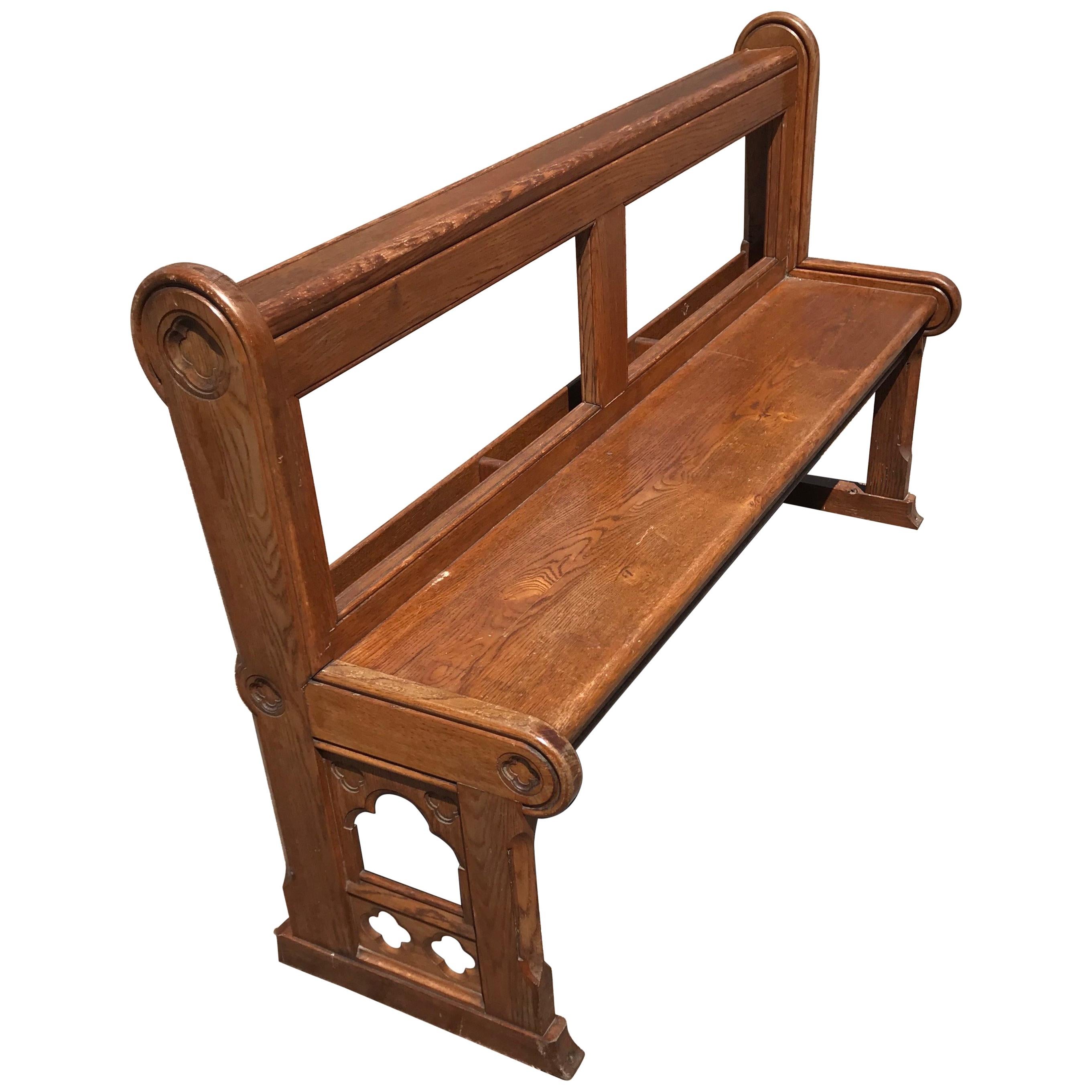 Antique and Handcrafted Gothic Revival Solid Tiger Oak Practical Hallway Bench For Sale