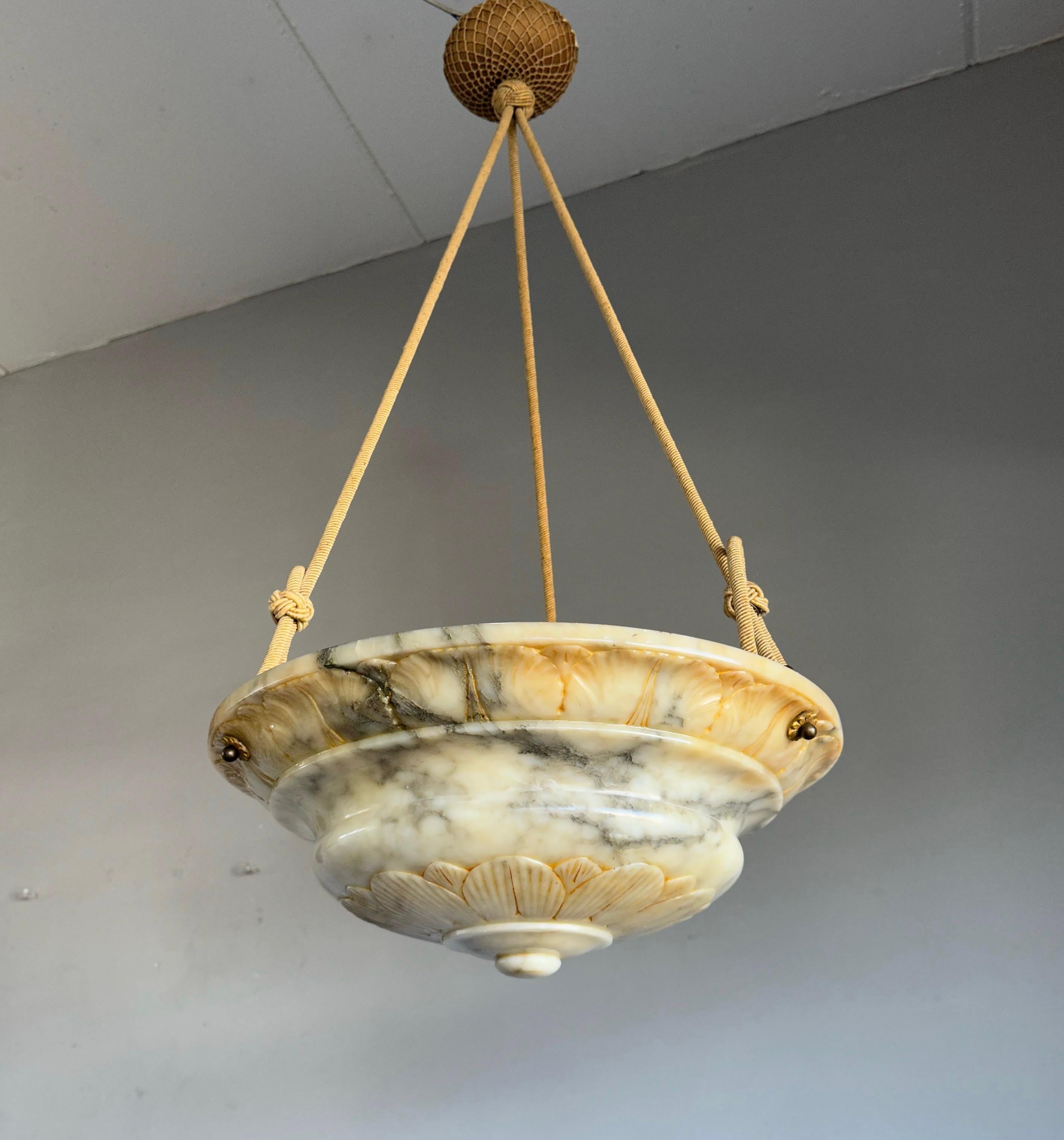 Antique and Large Alabaster Pendant w. Rope and Hand Carved Flower & Leafs, 1910 For Sale 11