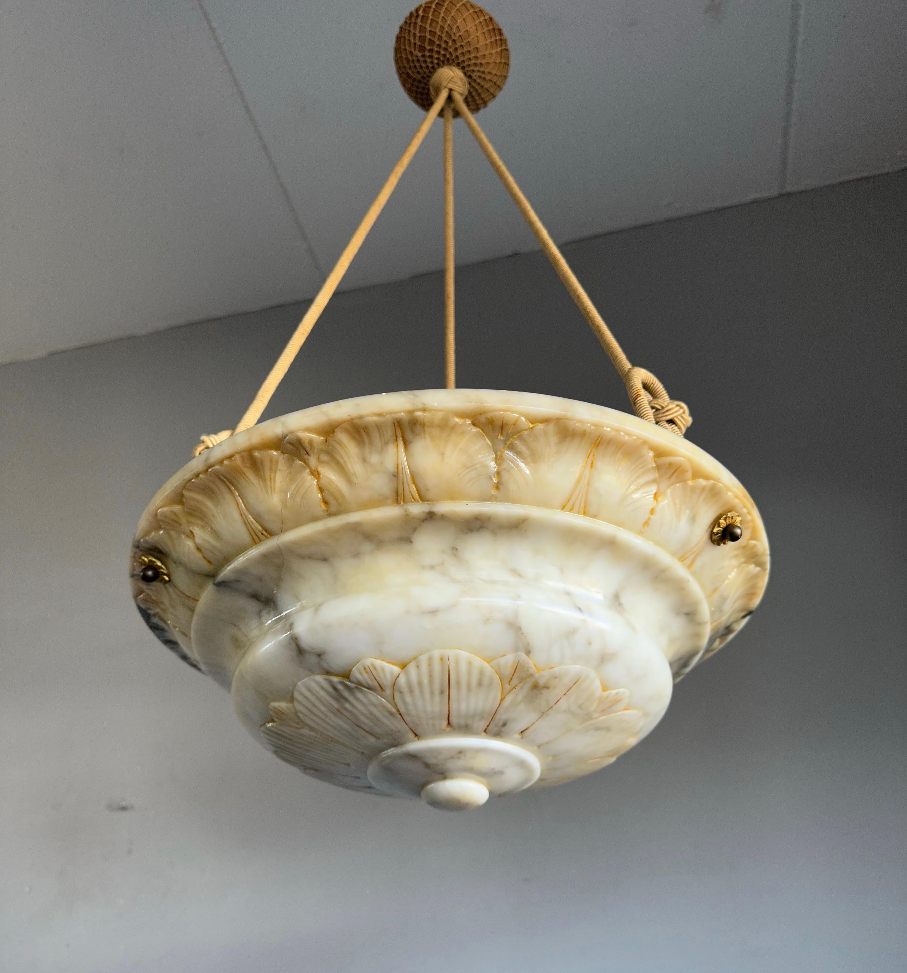 Antique and Large Alabaster Pendant w. Rope and Hand Carved Flower & Leafs, 1910 For Sale 12