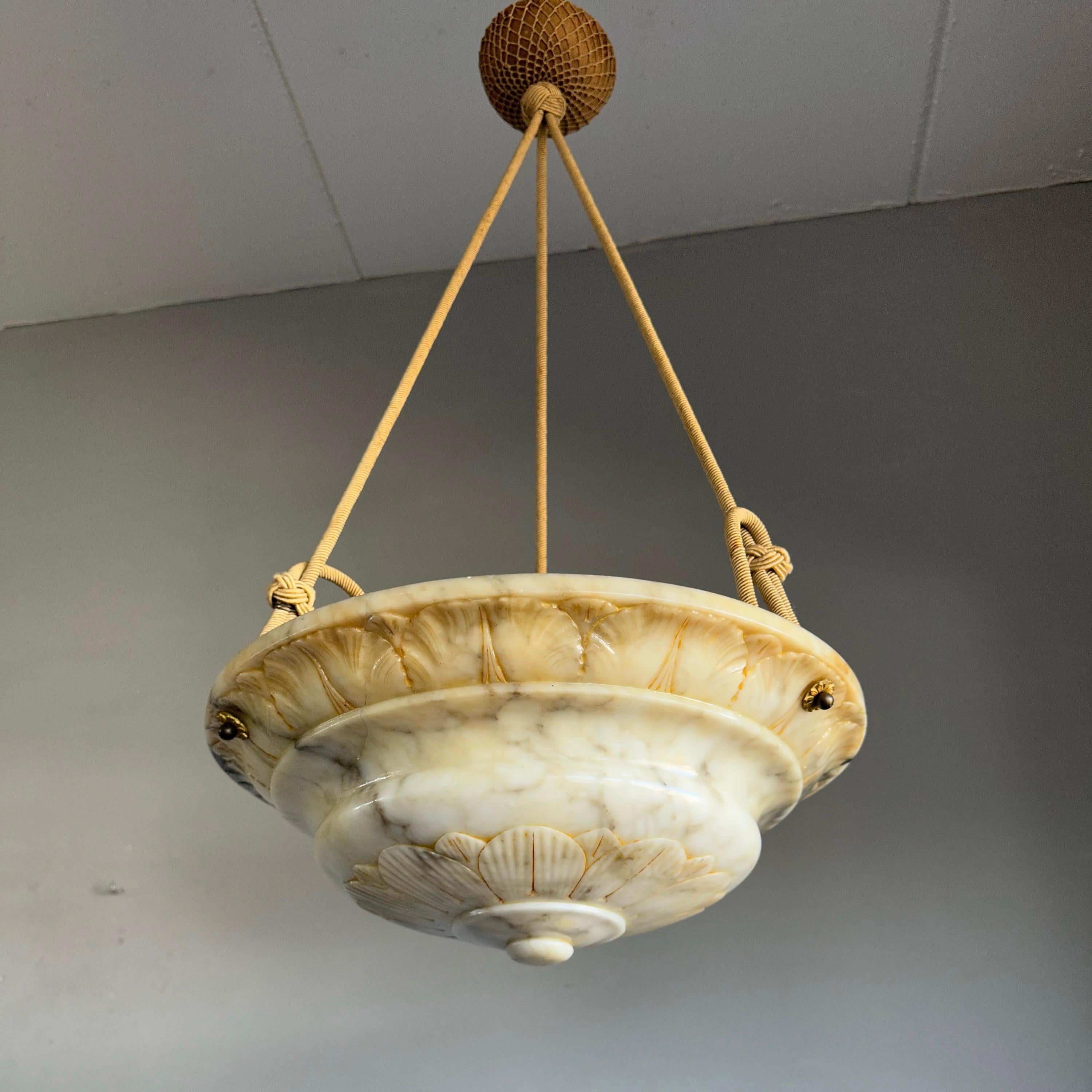 20th Century Antique and Large Alabaster Pendant w. Rope and Hand Carved Flower & Leafs, 1910 For Sale