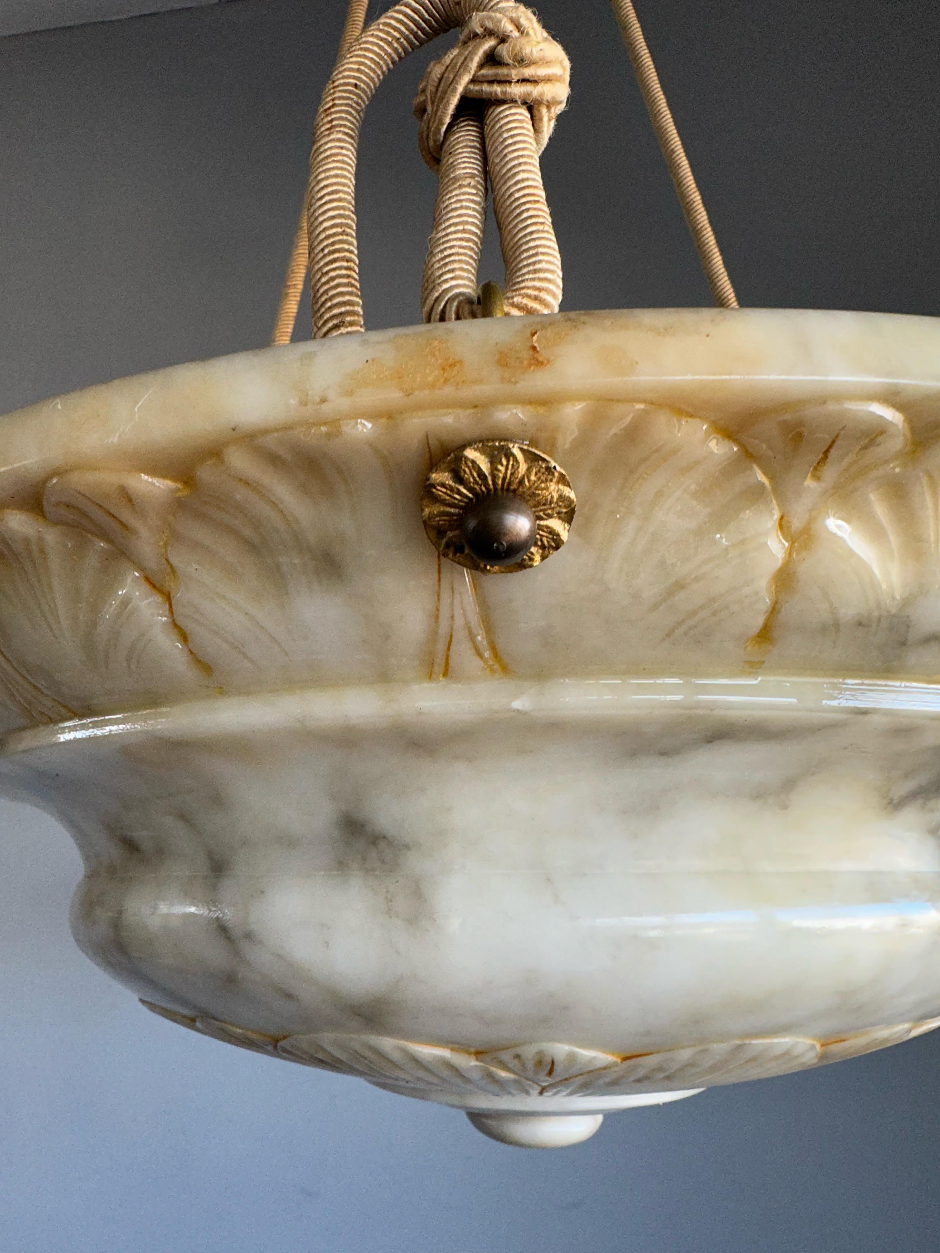 Antique and Large Alabaster Pendant w. Rope and Hand Carved Flower & Leafs, 1910 For Sale 2
