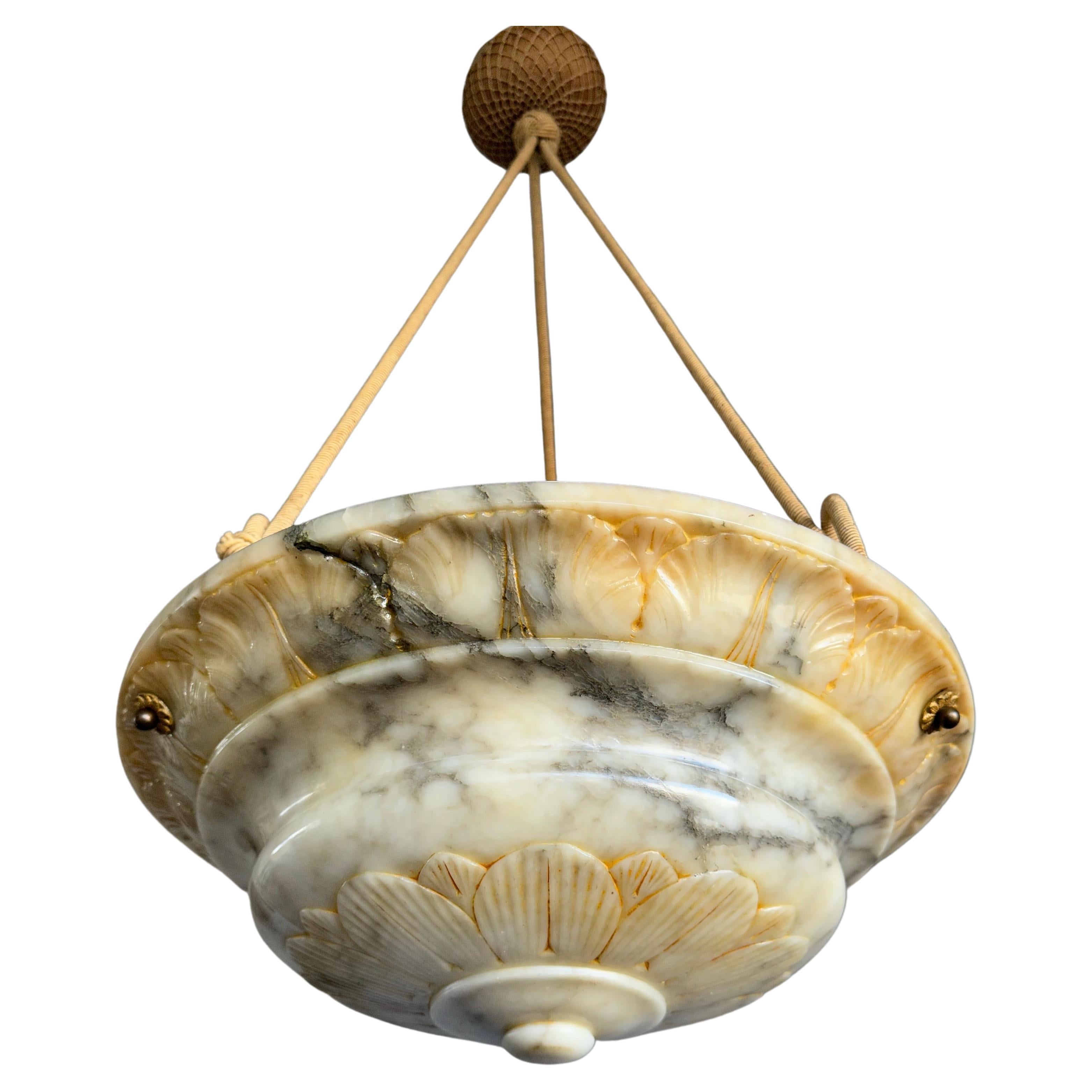 Antique and Large Alabaster Pendant w. Rope and Hand Carved Flower & Leafs, 1910 For Sale