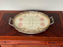 Antique and Large Arts & Crafts Hand Painted Flower Decor, Tile Serving Tray