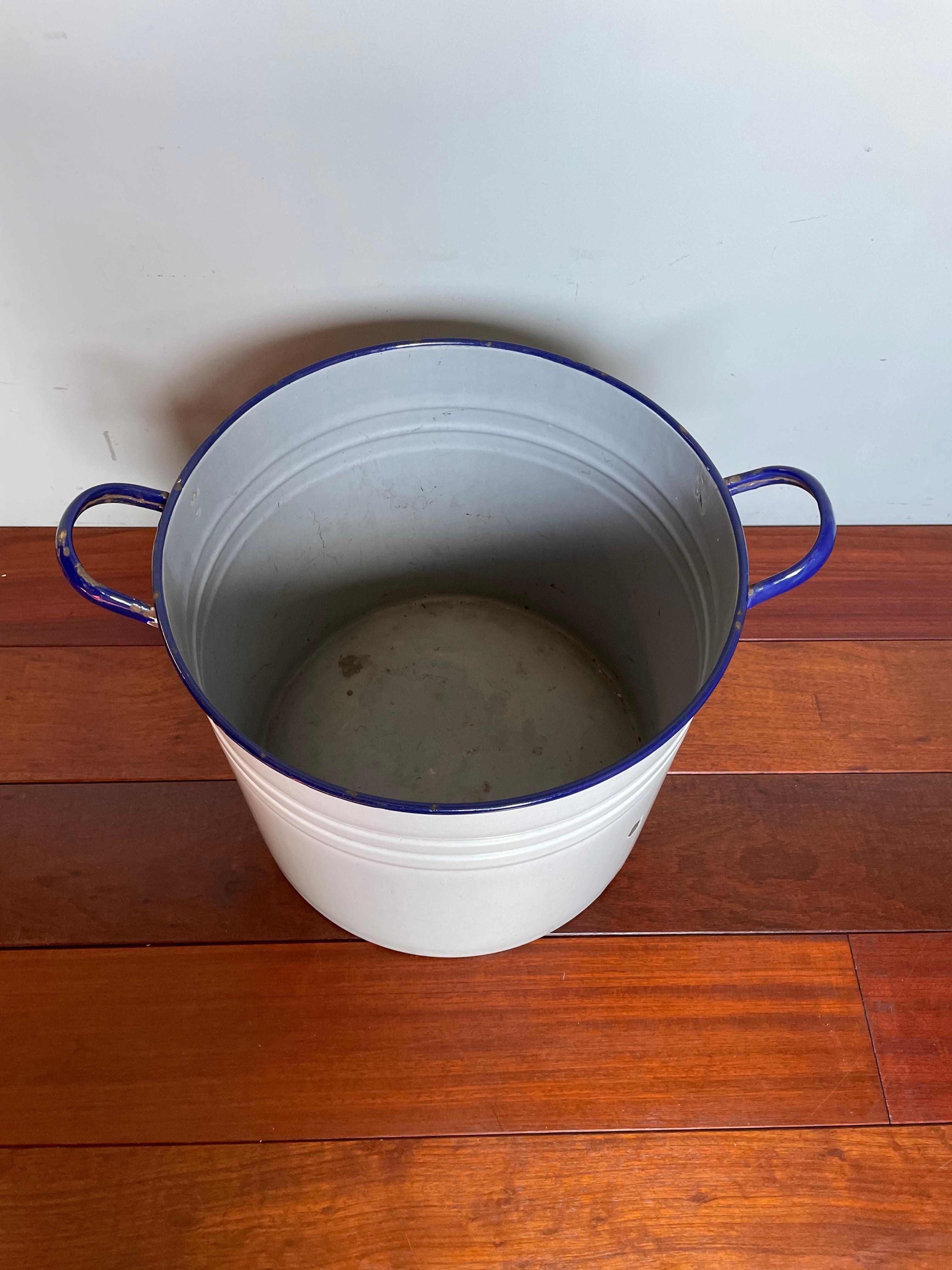 Antique and Large Blue and Greyish Blue Enameled Metal Bucket / Tub / Pot, 1930s 1