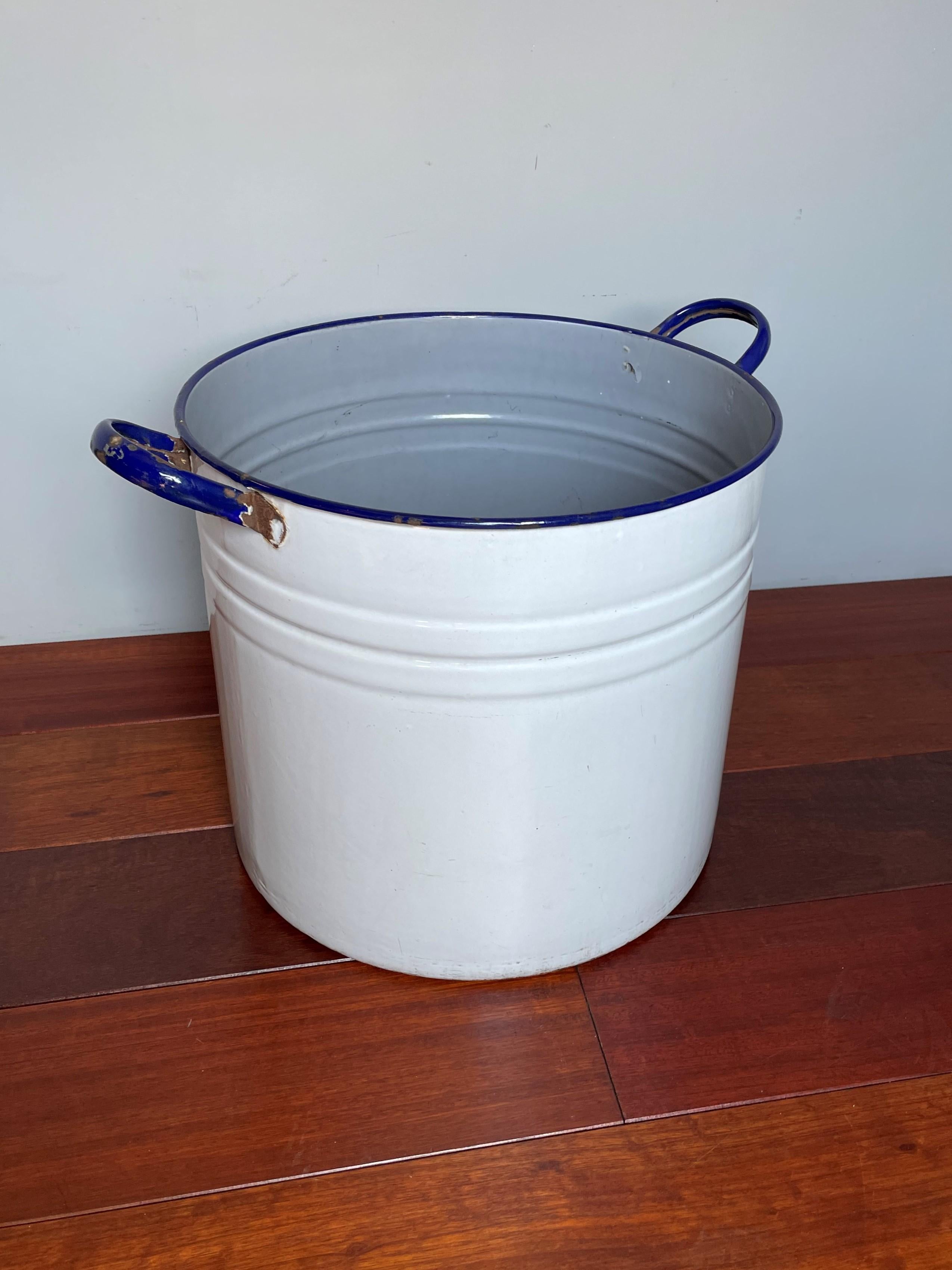 Antique and Large Blue and Greyish Blue Enameled Metal Bucket / Tub / Pot, 1930s 2