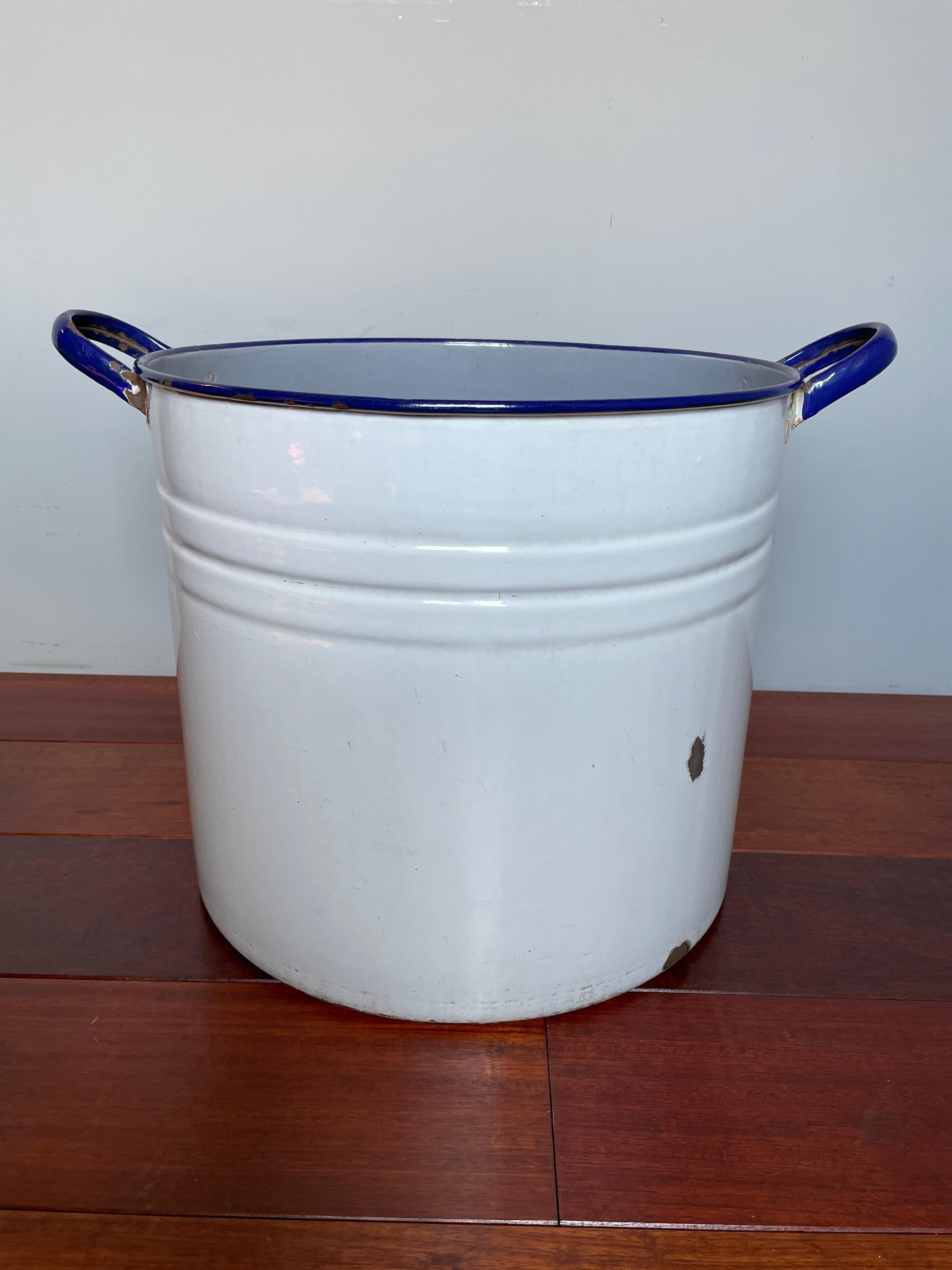 Antique and Large Blue and Greyish Blue Enameled Metal Bucket / Tub / Pot, 1930s 3