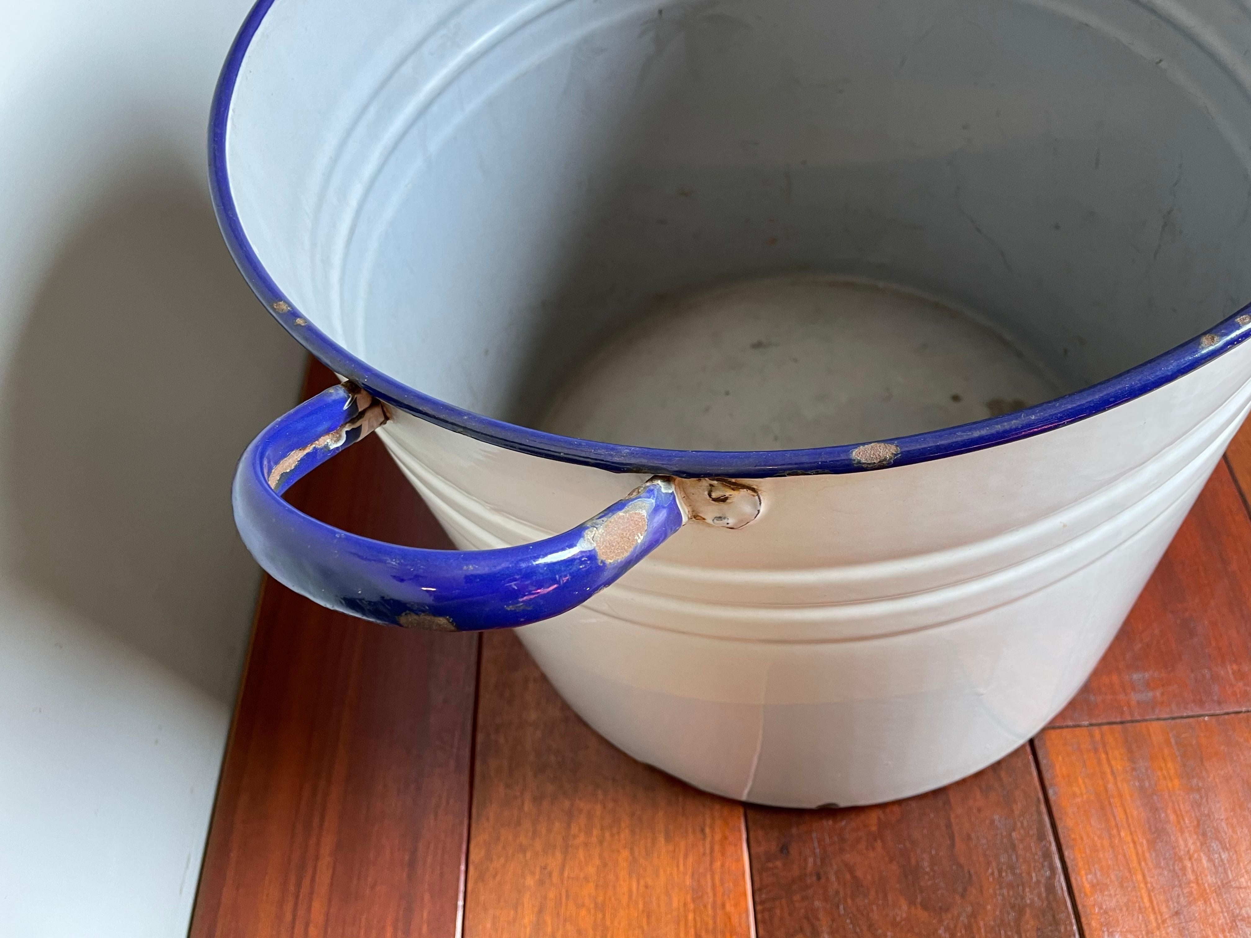 European Antique and Large Blue and Greyish Blue Enameled Metal Bucket / Tub / Pot, 1930s