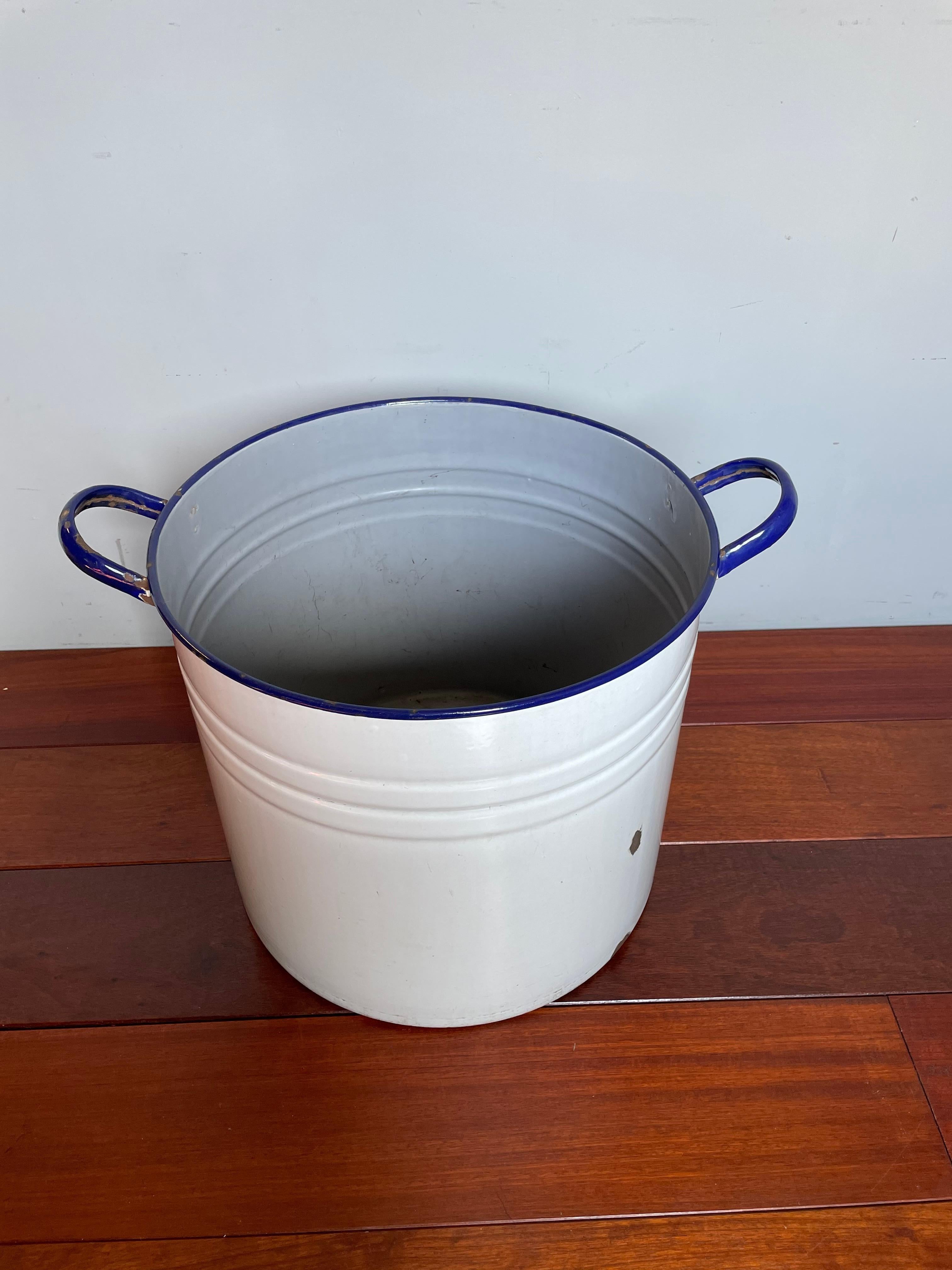 20th Century Antique and Large Blue and Greyish Blue Enameled Metal Bucket / Tub / Pot, 1930s