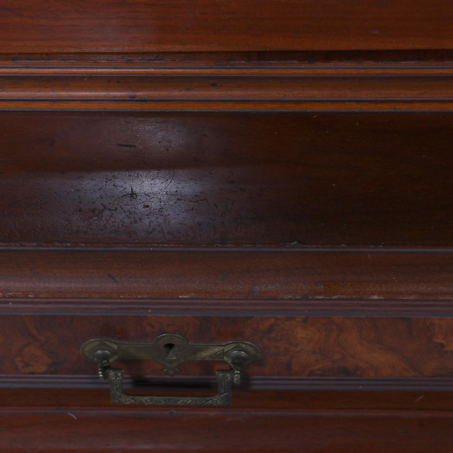 Antique and Large Eastlake Carved Walnut and Burl 3-Door Executive Bookcase In Good Condition In Big Flats, NY