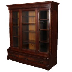 Antique and Large Eastlake Carved Walnut and Burl 3-Door Executive Bookcase