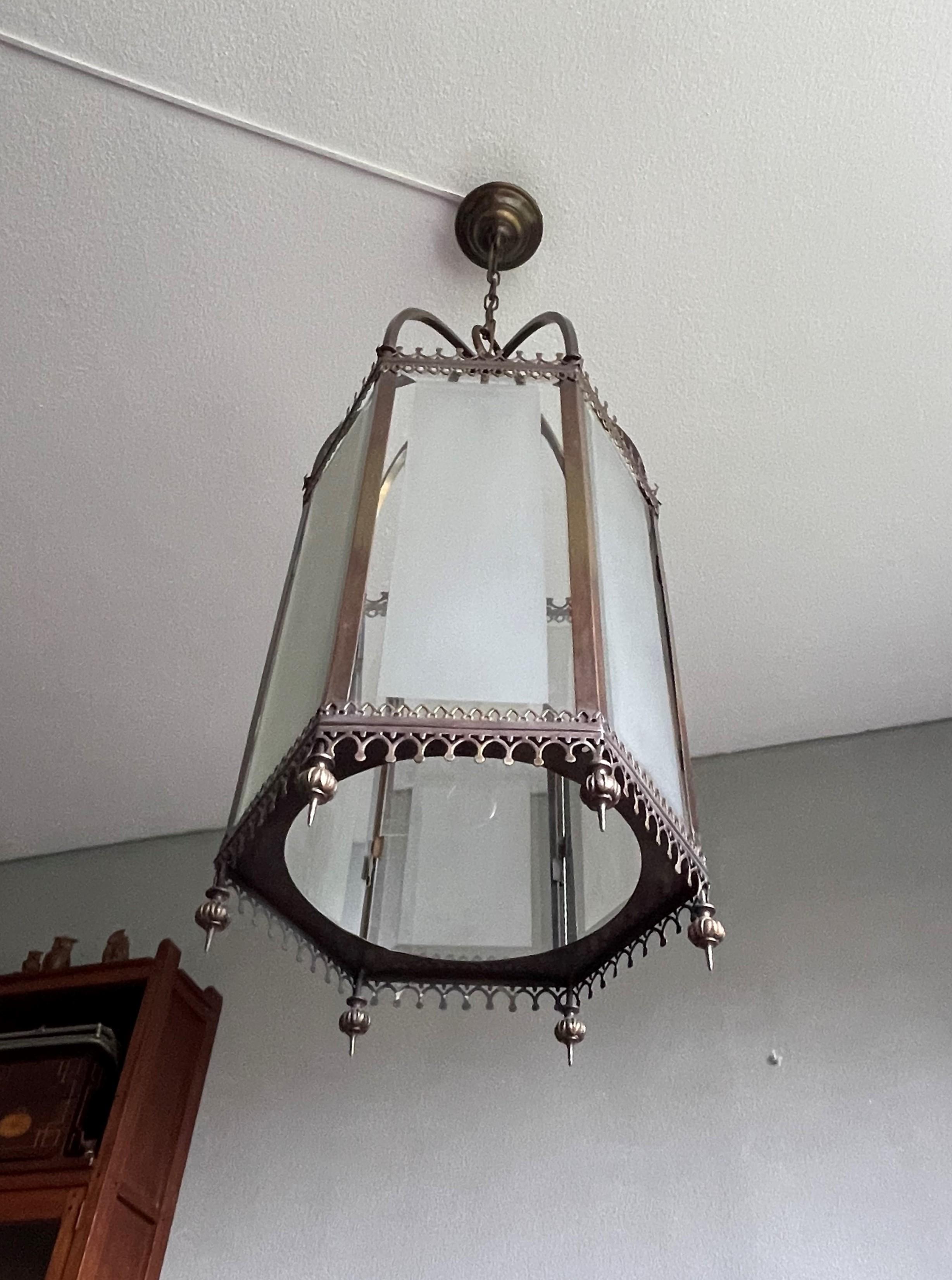 Antique and Large Gothic Revival Bronze, Brass and Beveled Glass Lantern Pendant 6