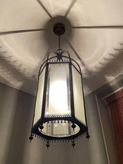 Antique and Large Gothic Revival Bronze, Brass and Beveled Glass Lantern Pendant
