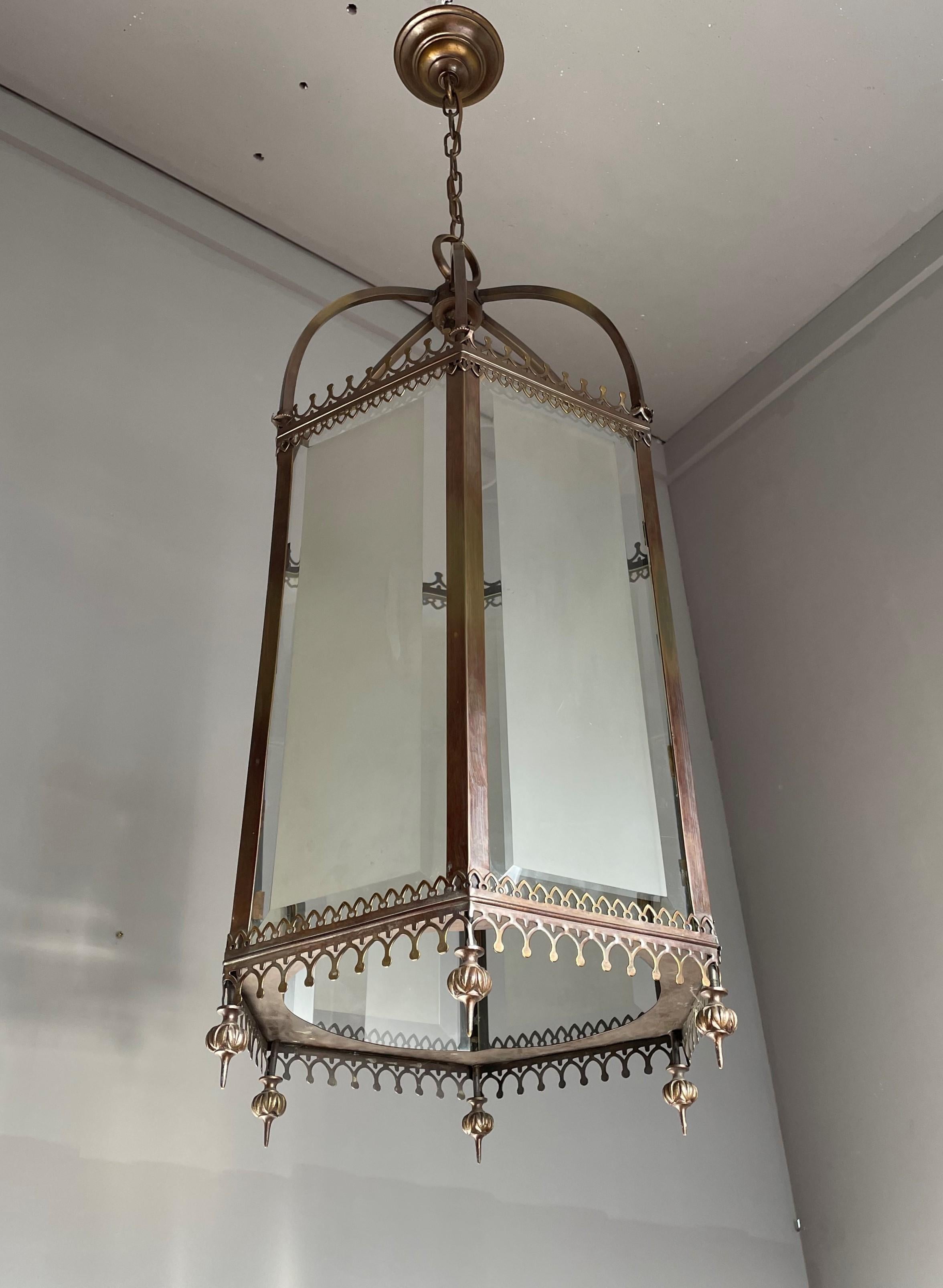European Antique and Large Gothic Revival Bronze, Brass and Beveled Glass Lantern Pendant