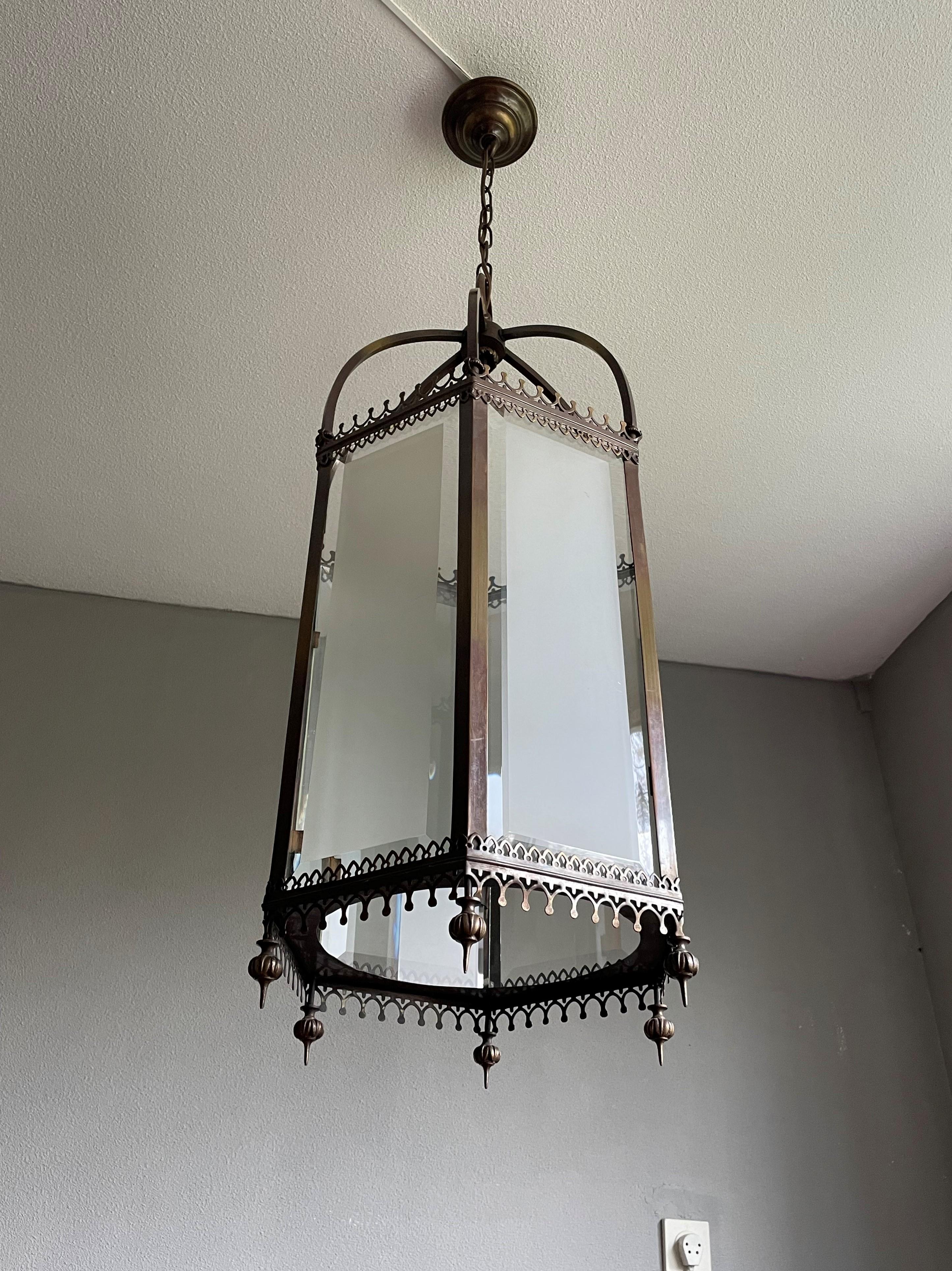 20th Century Antique and Large Gothic Revival Bronze, Brass and Beveled Glass Lantern Pendant