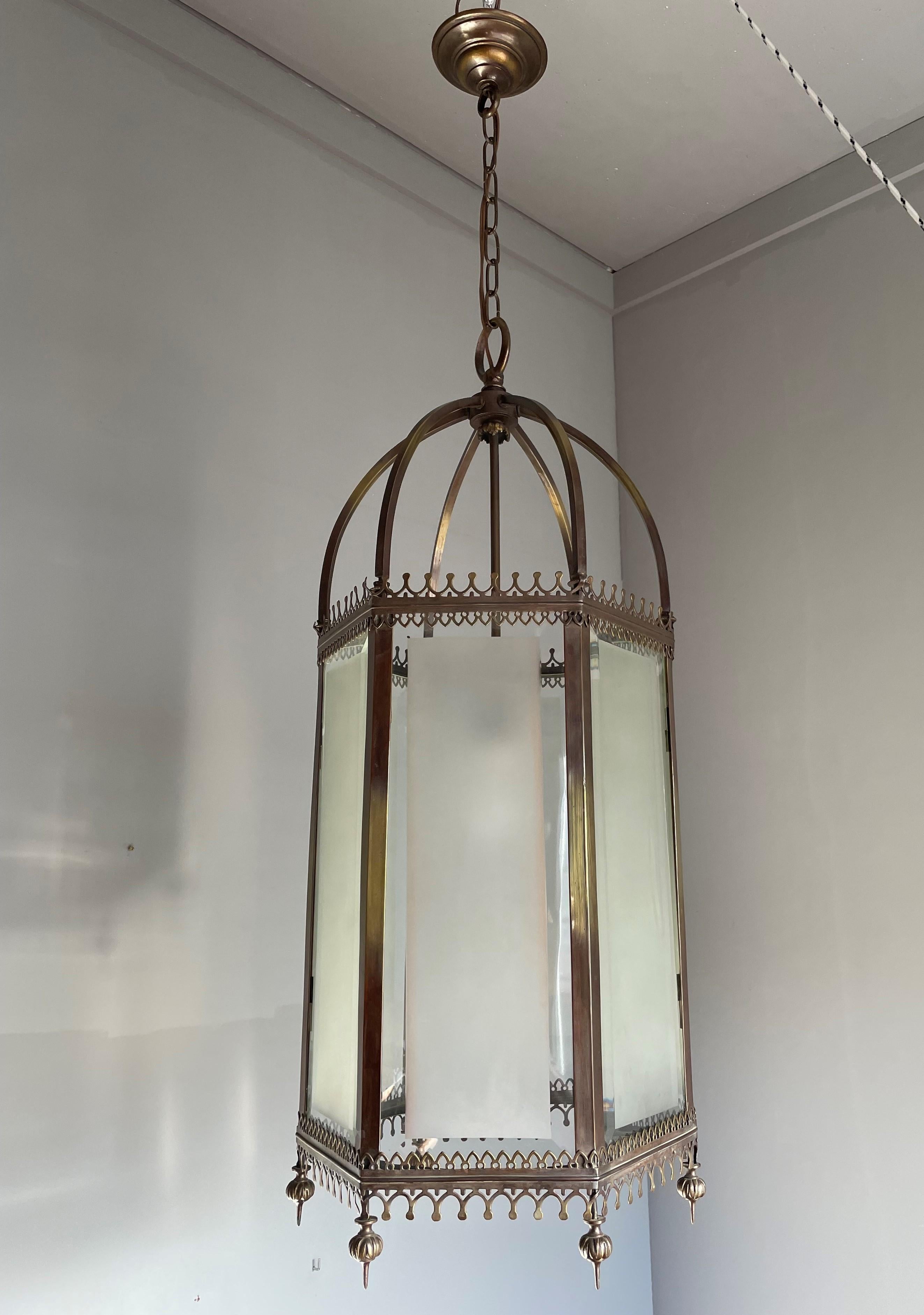 Antique and Large Gothic Revival Bronze, Brass and Beveled Glass Lantern Pendant 1