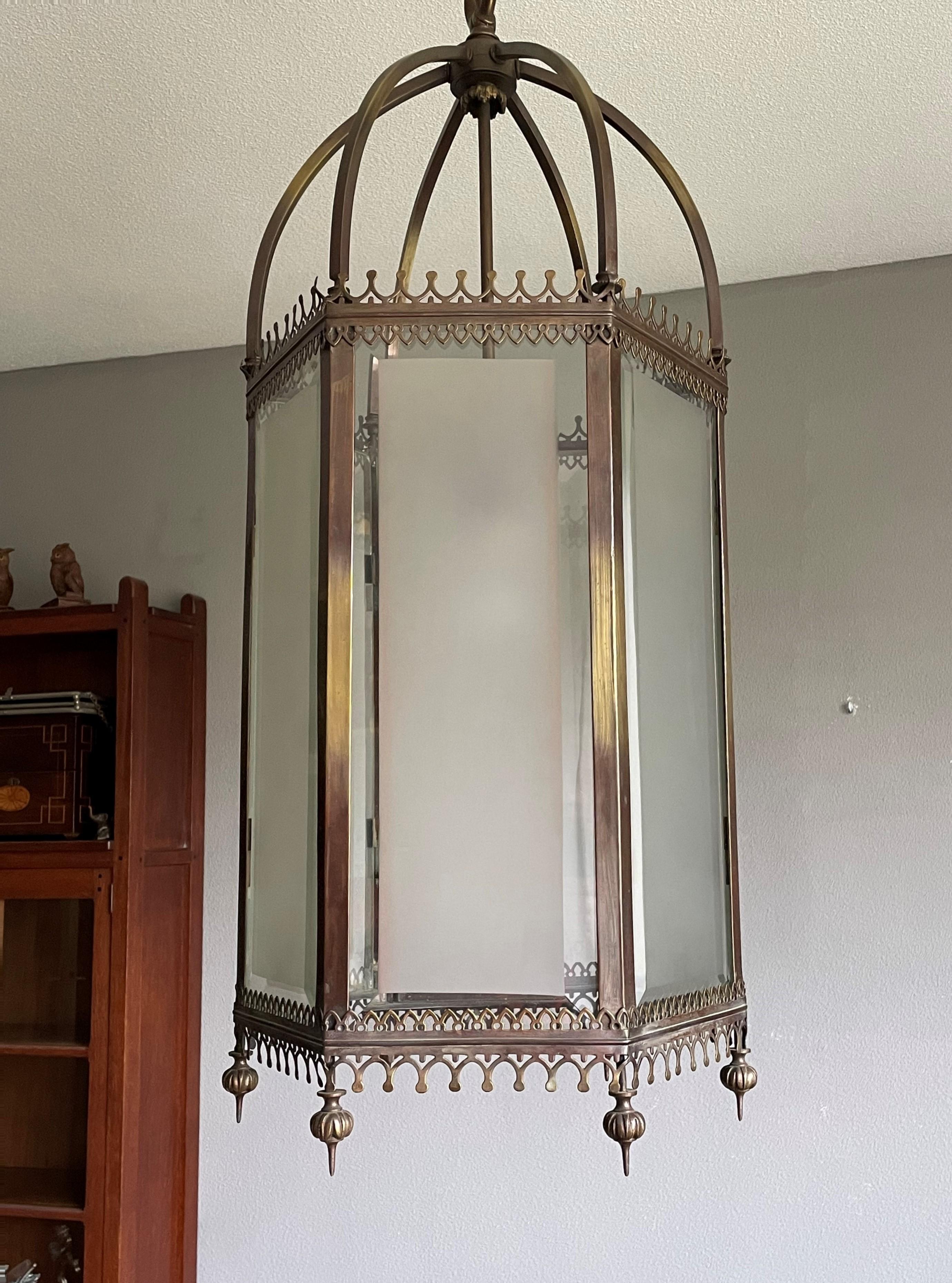 Antique and Large Gothic Revival Bronze, Brass and Beveled Glass Lantern Pendant 3