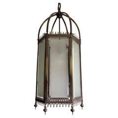 Antique and Large Gothic Revival Bronze, Brass and Beveled Glass Lantern Pendant