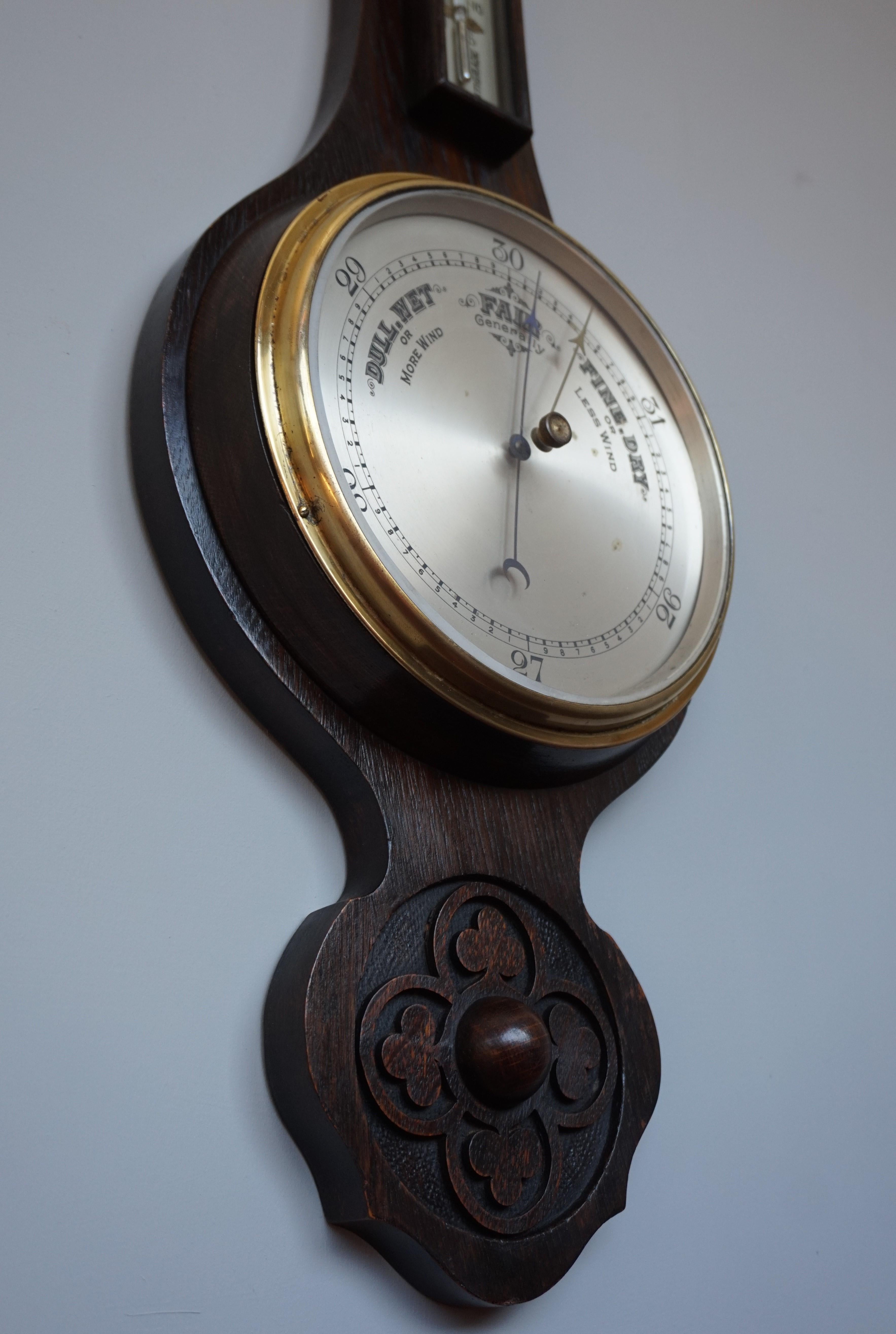 Antique and Large Hand Carved Gothic Revival English Barometer & Thermometer 1
