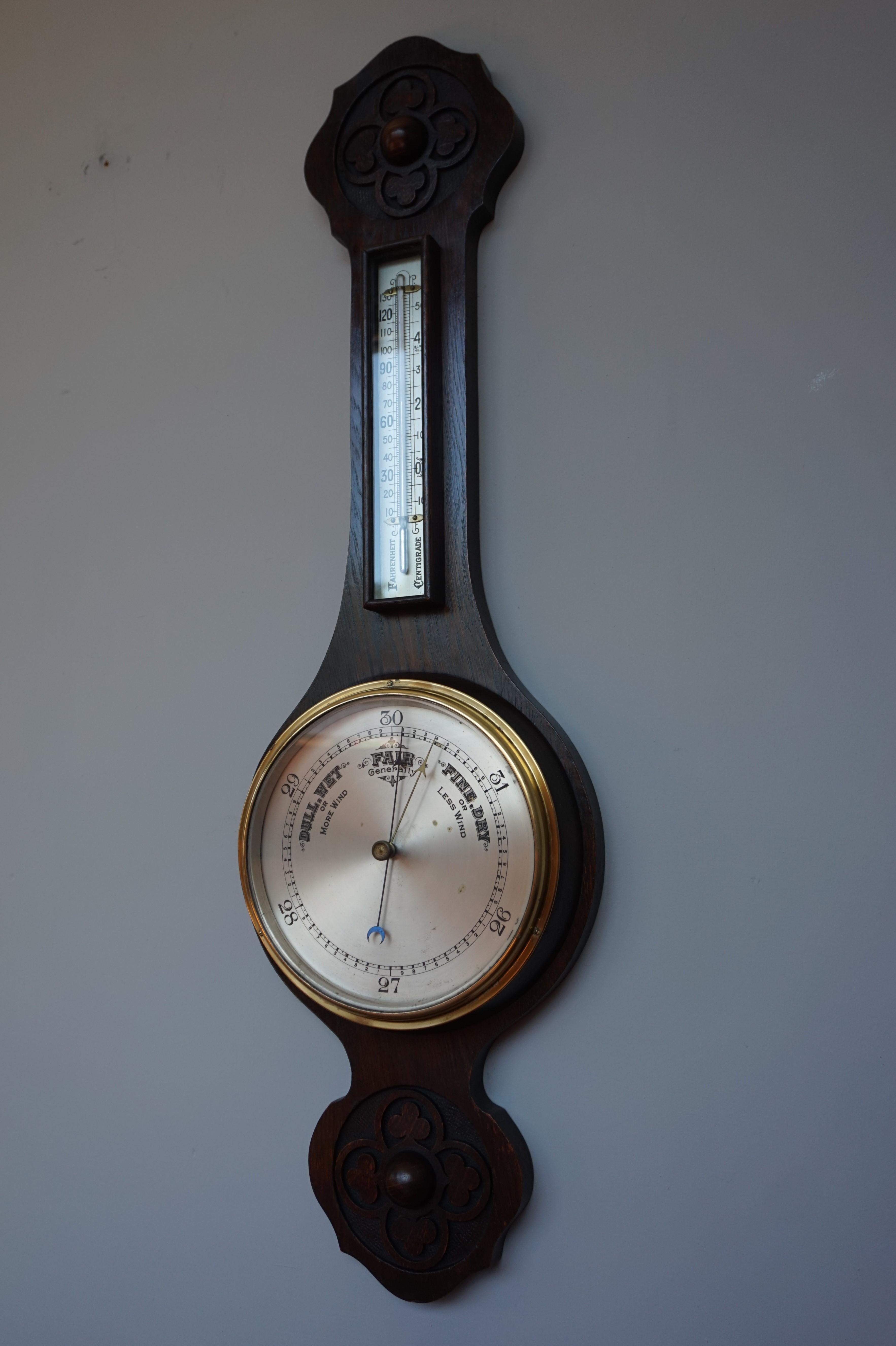 Antique and Large Hand Carved Gothic Revival English Barometer & Thermometer 3