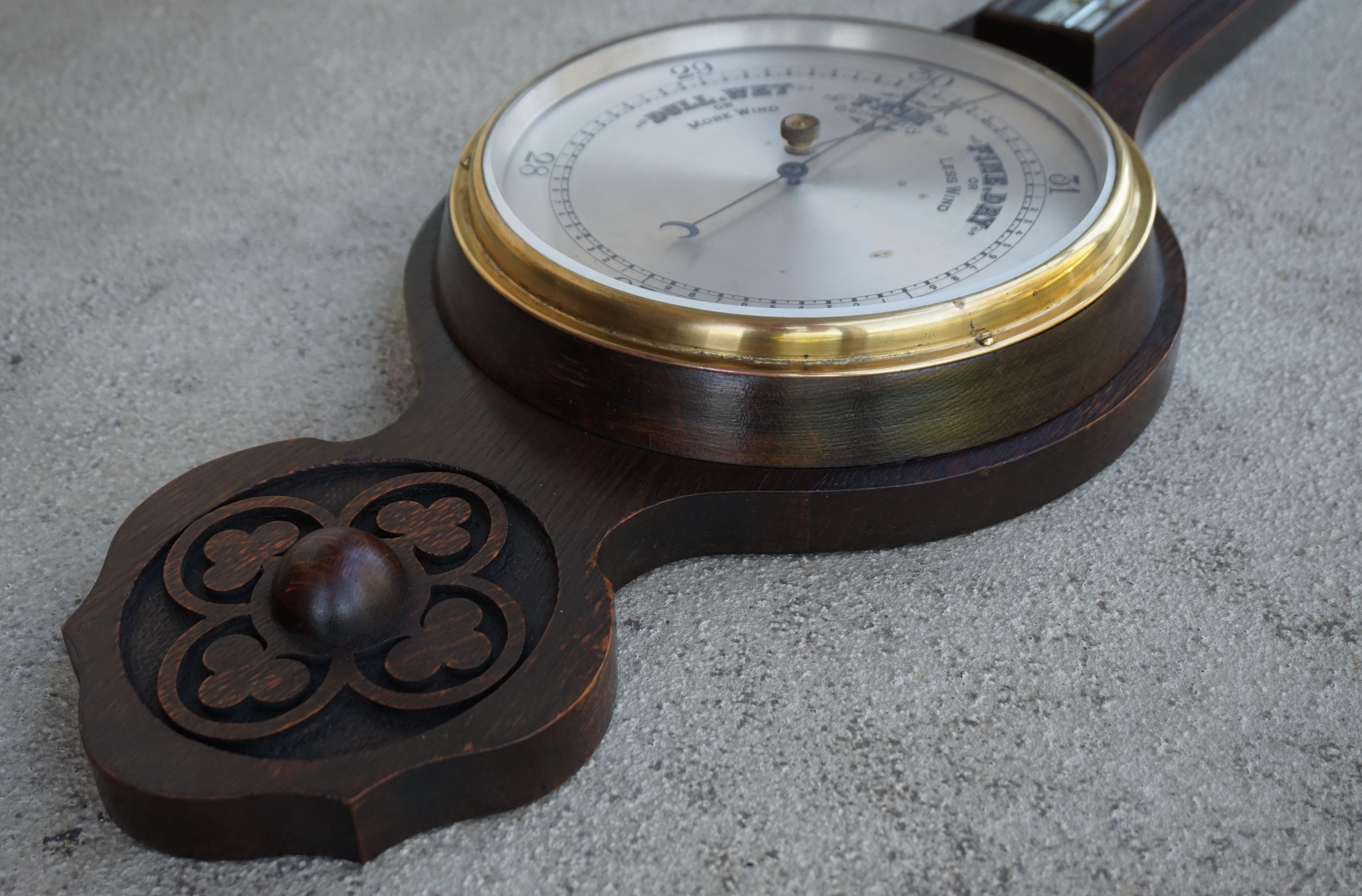 Antique and Large Hand Carved Gothic Revival English Barometer & Thermometer 5