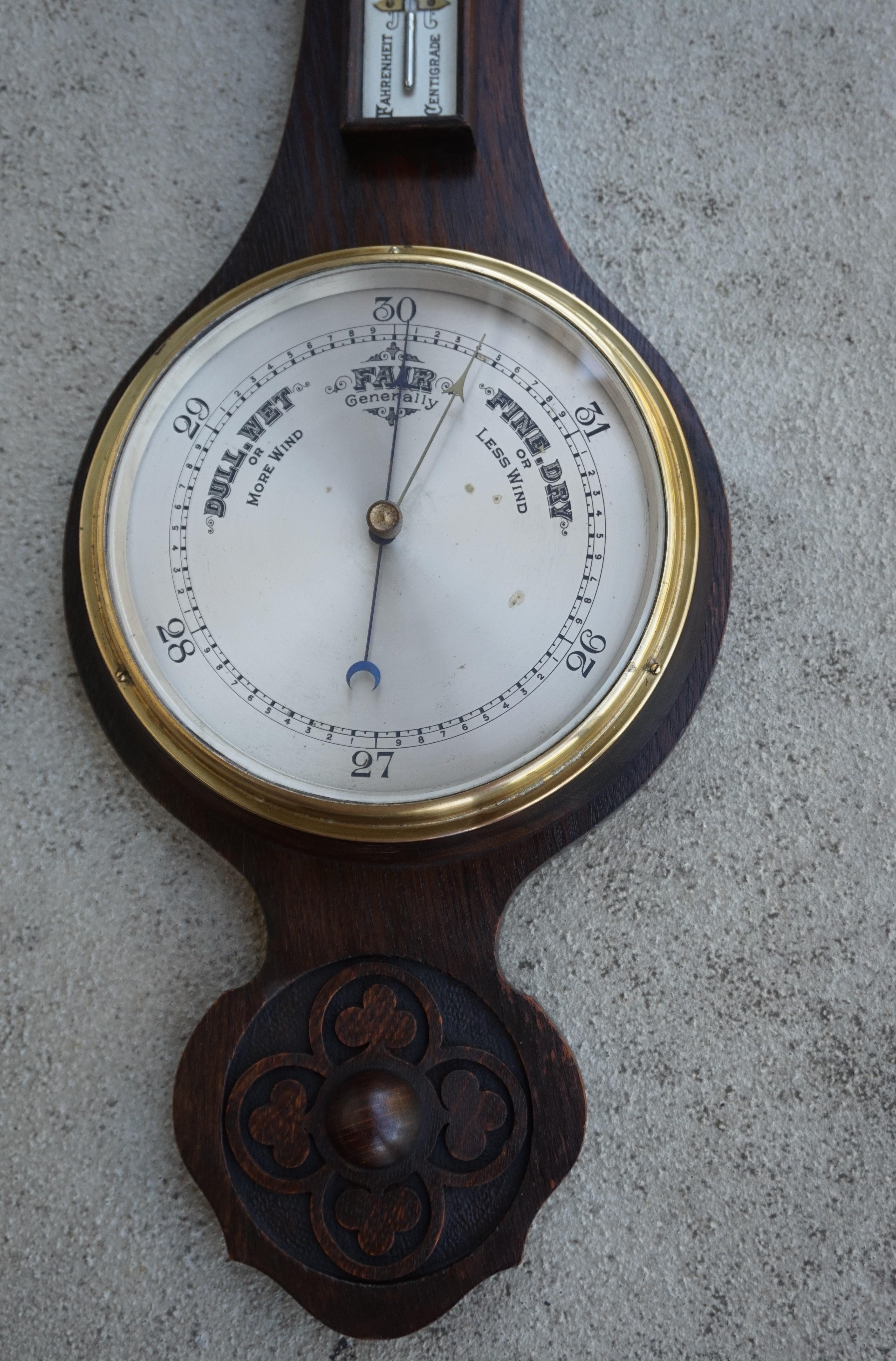 Antique and Large Hand Carved Gothic Revival English Barometer & Thermometer 6