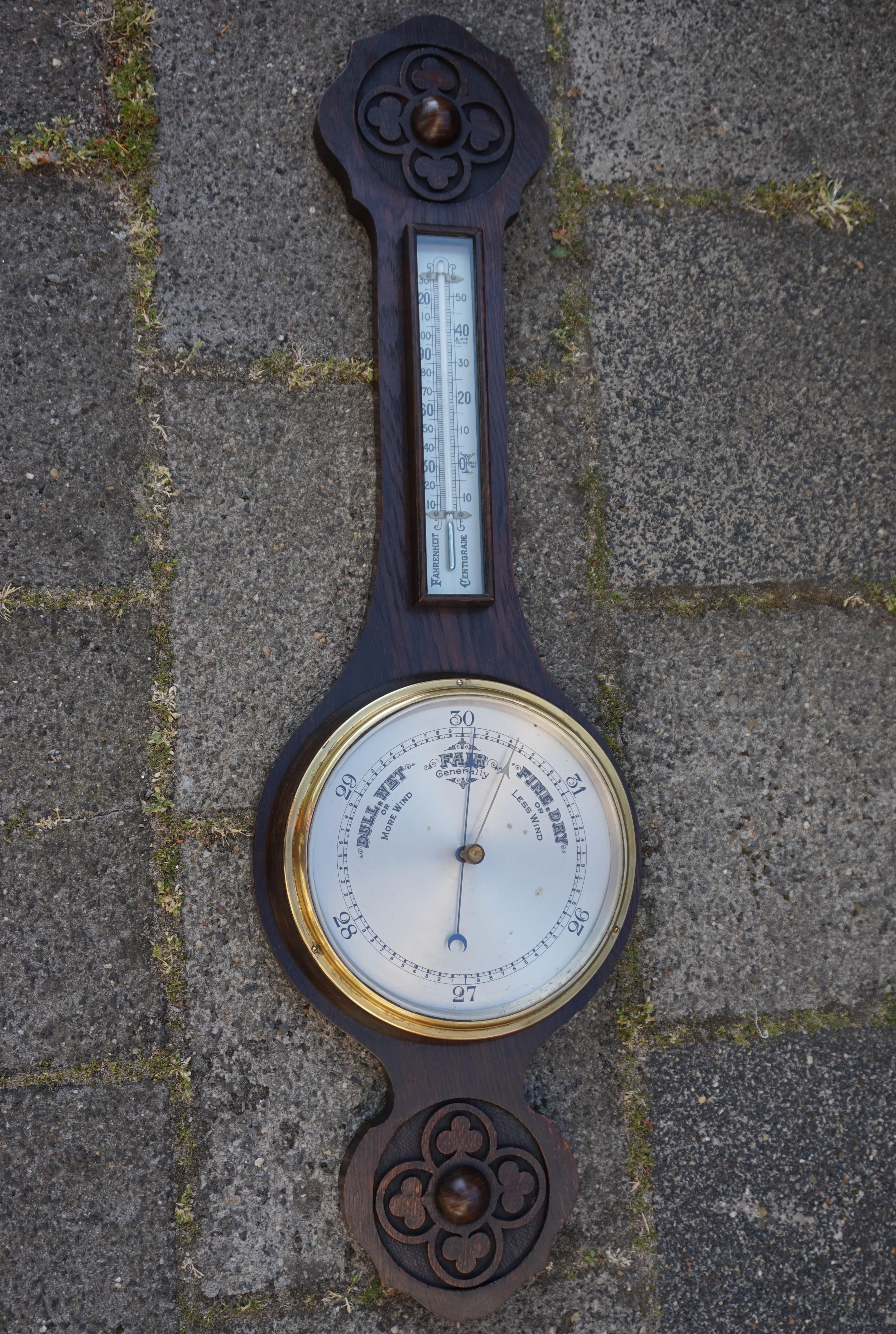 Antique and Large Hand Carved Gothic Revival English Barometer & Thermometer 9